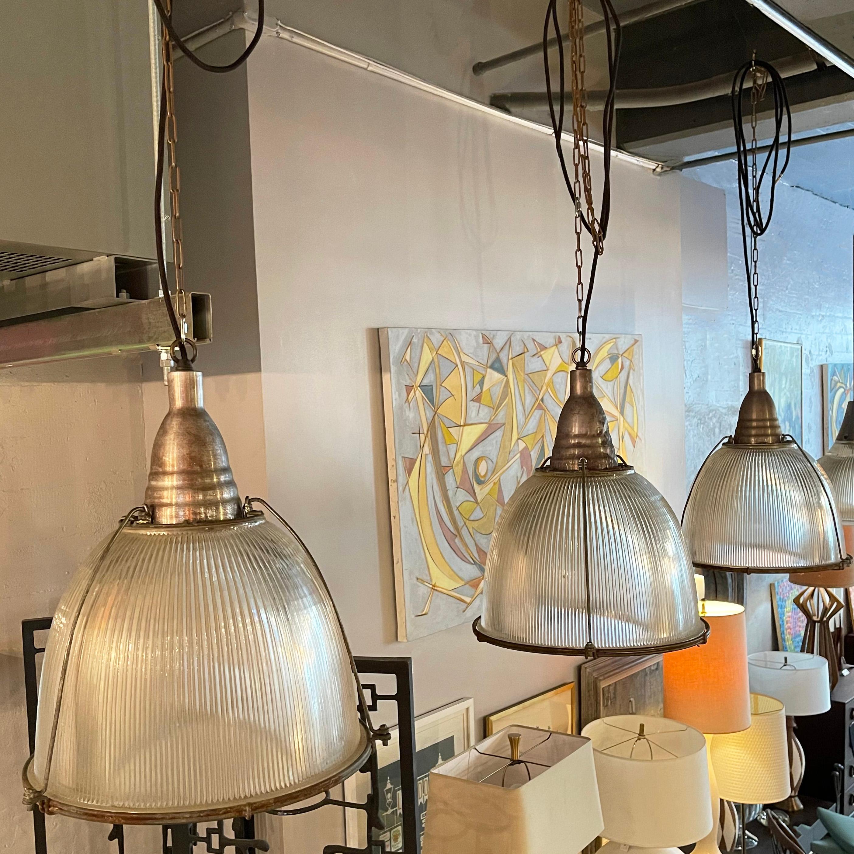 Industrial Factory Caged Holophane Glass Pendant Lights (20. Jahrhundert) im Angebot