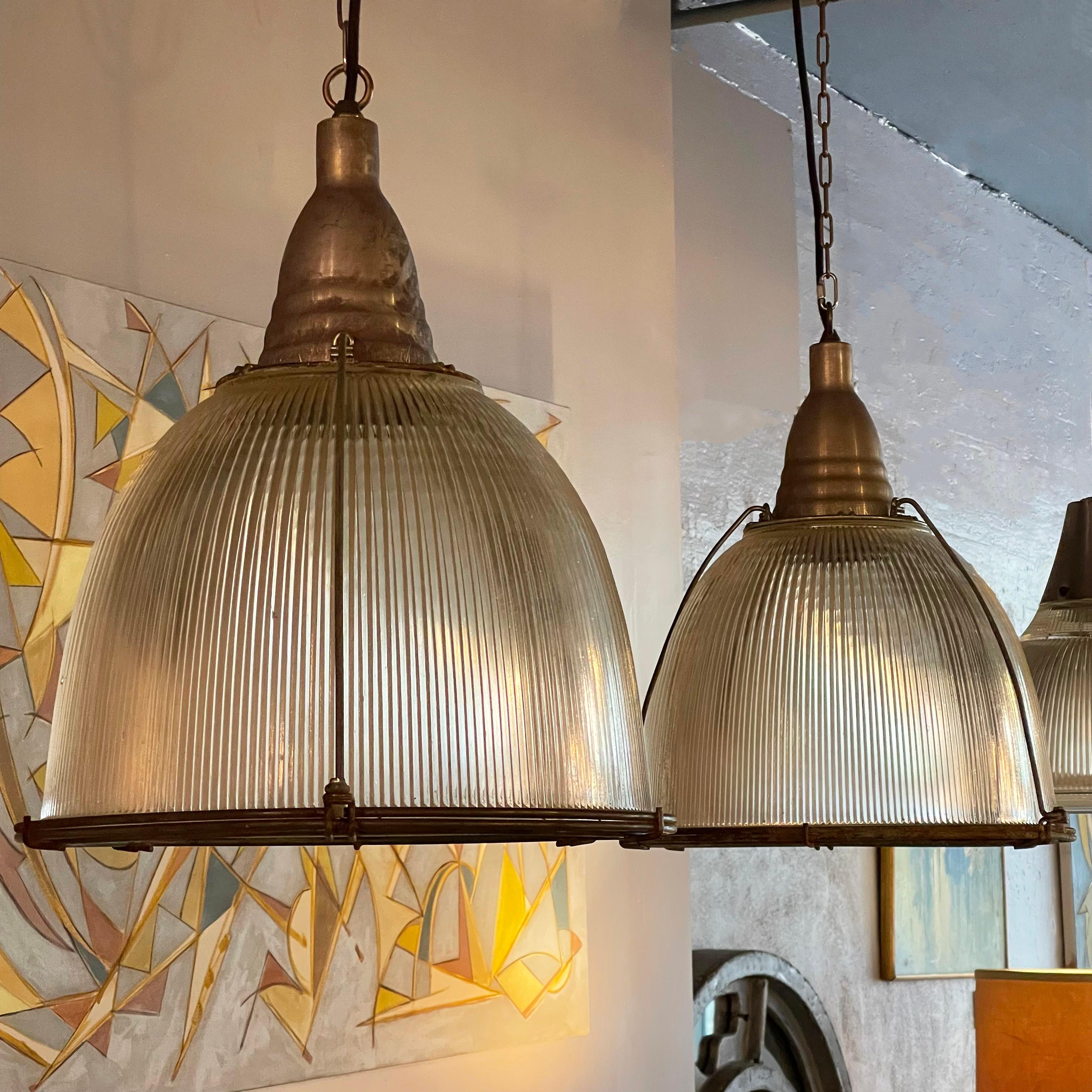 Industrial Factory Caged Holophane Glass Pendant Lights For Sale 1