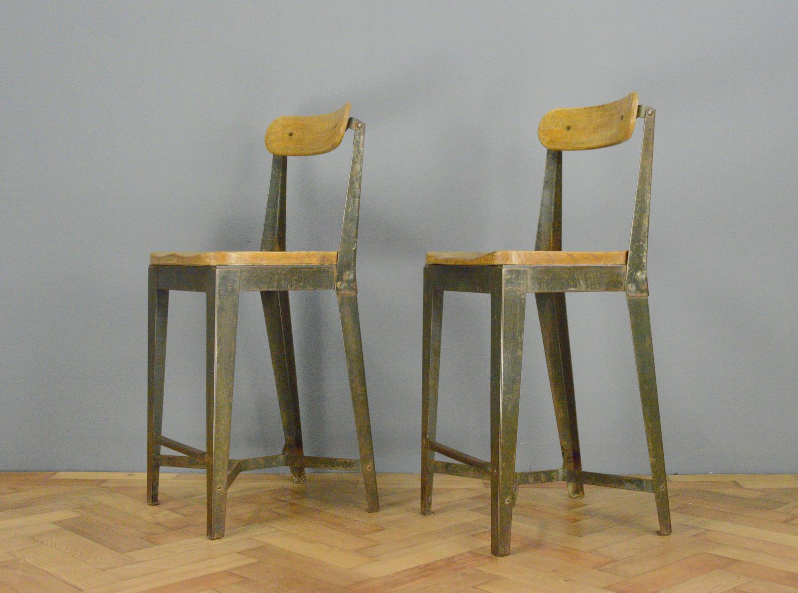 Industrial Factory Chairs By Leabank circa 1940s

- Steel frames
- Original solid Elm seats and back rests
- Original dark green paint
- Made by Leabank
- English ~ 1940s
- 37cm wide x 34cm deep x 88cm tall
- 56cm seat height

Condition