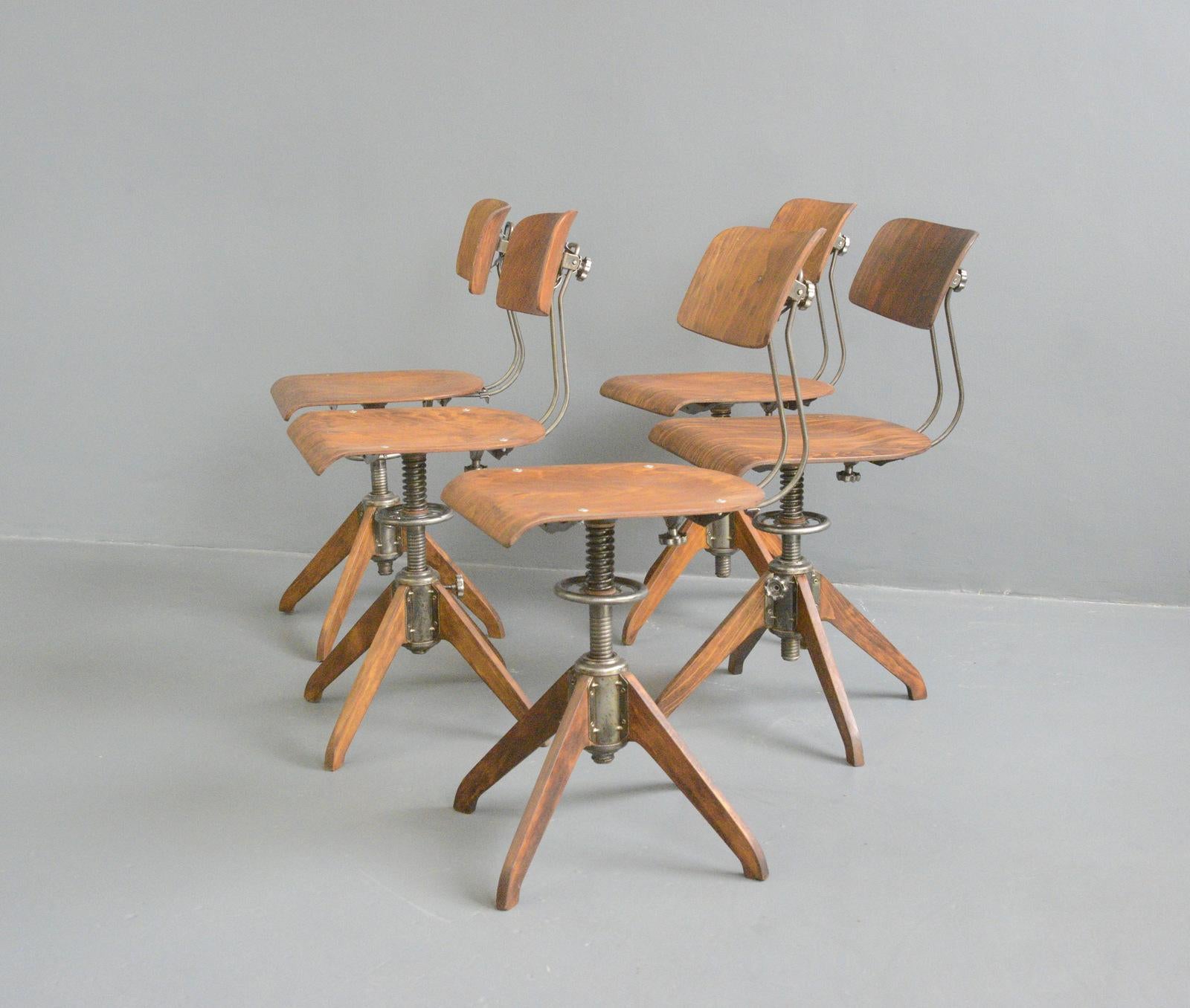 - Height adjustable
- Sprung seat
- Ply seat and back rest
- Designed by Robert Wagner
- Produced by Bemefa Rowac
- German ~ 1940s
- 42cm wide x 47cm deep x 90cm tall
- 62cm seat height maximum

Condition report

Fully Restored, cleaned