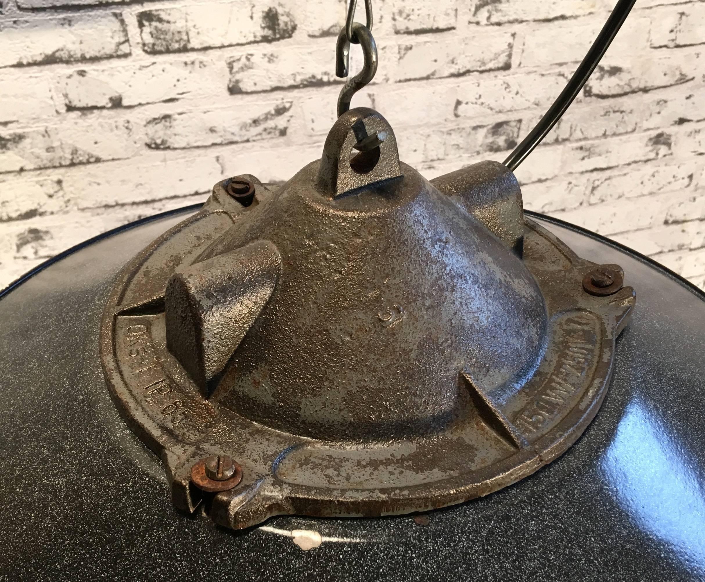Industrial Factory Pendant Lamp, Dark Grey Enamel Shade Cast Iron Top In Good Condition In Kojetice, CZ