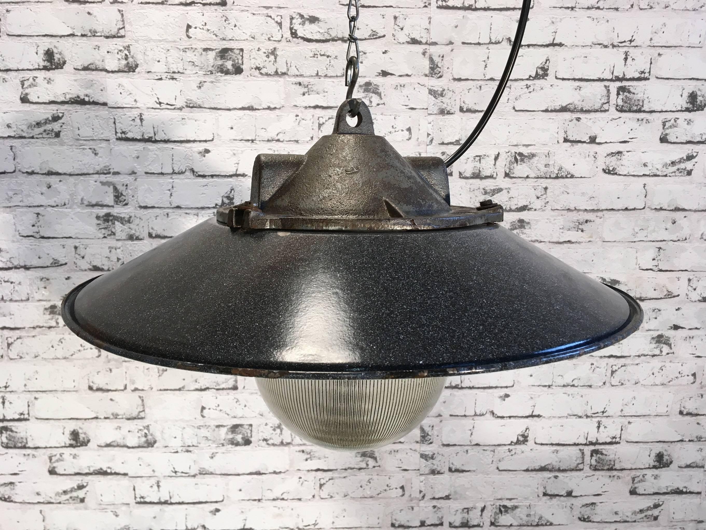 20th Century Industrial Factory Pendant Lamp, Dark Grey Enamel Shade Cast Iron Top