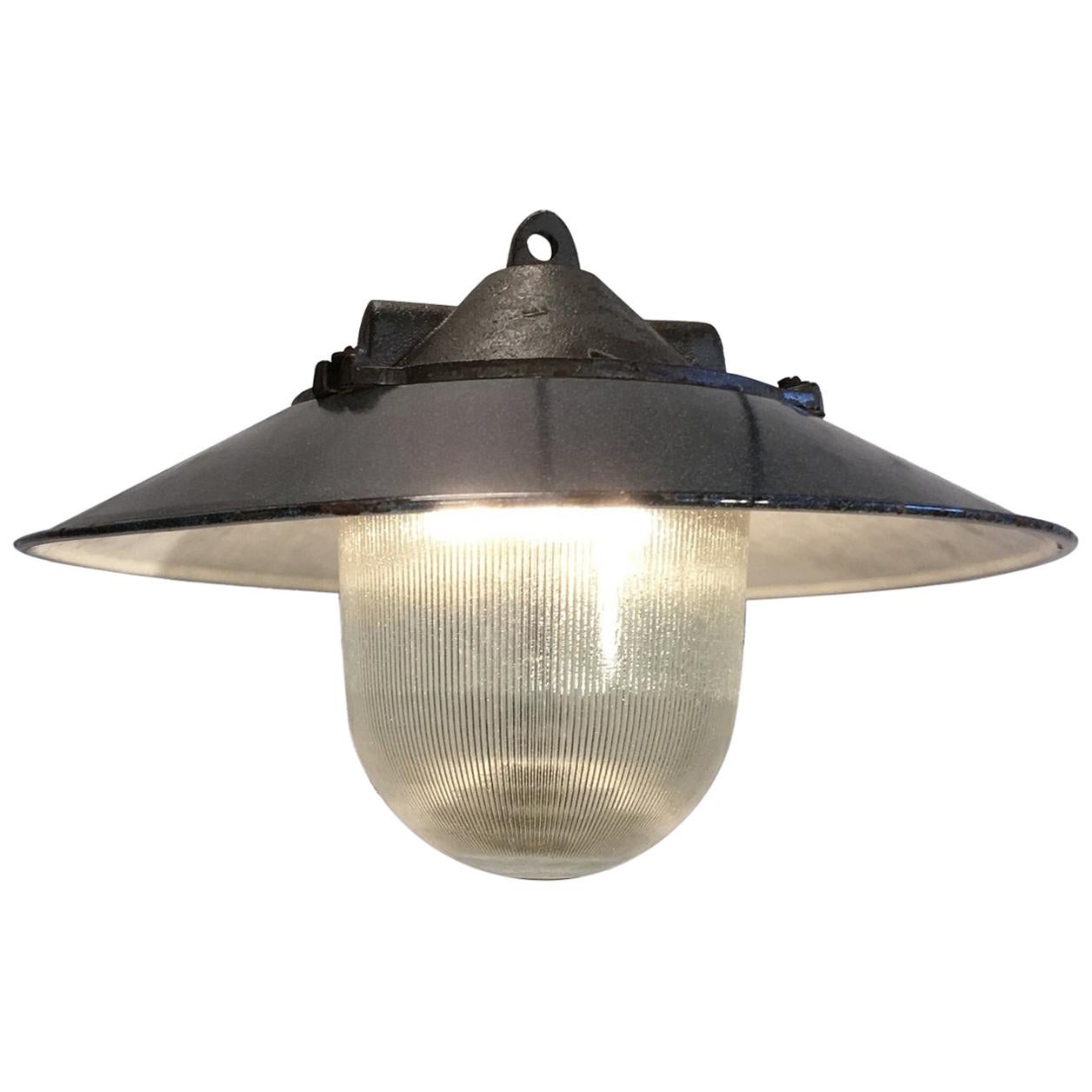 Industrial Factory Pendant Lamp, Dark Grey Enamel Shade Cast Iron Top