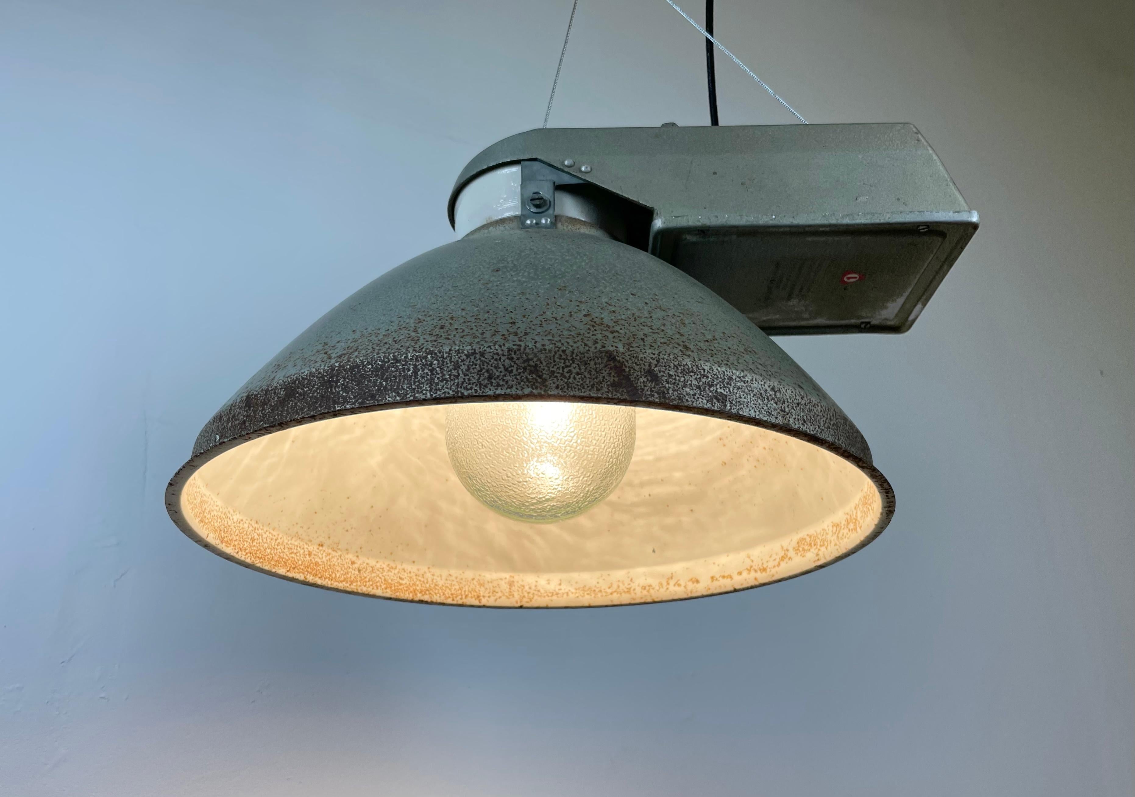 Industrial Factory Pendant Lamp with Frosted Glass Cover, 1970s For Sale 6