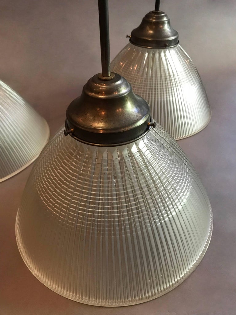 20th Century Industrial Factory Prismatic Holophane Glass Dome Pendant Lights For Sale