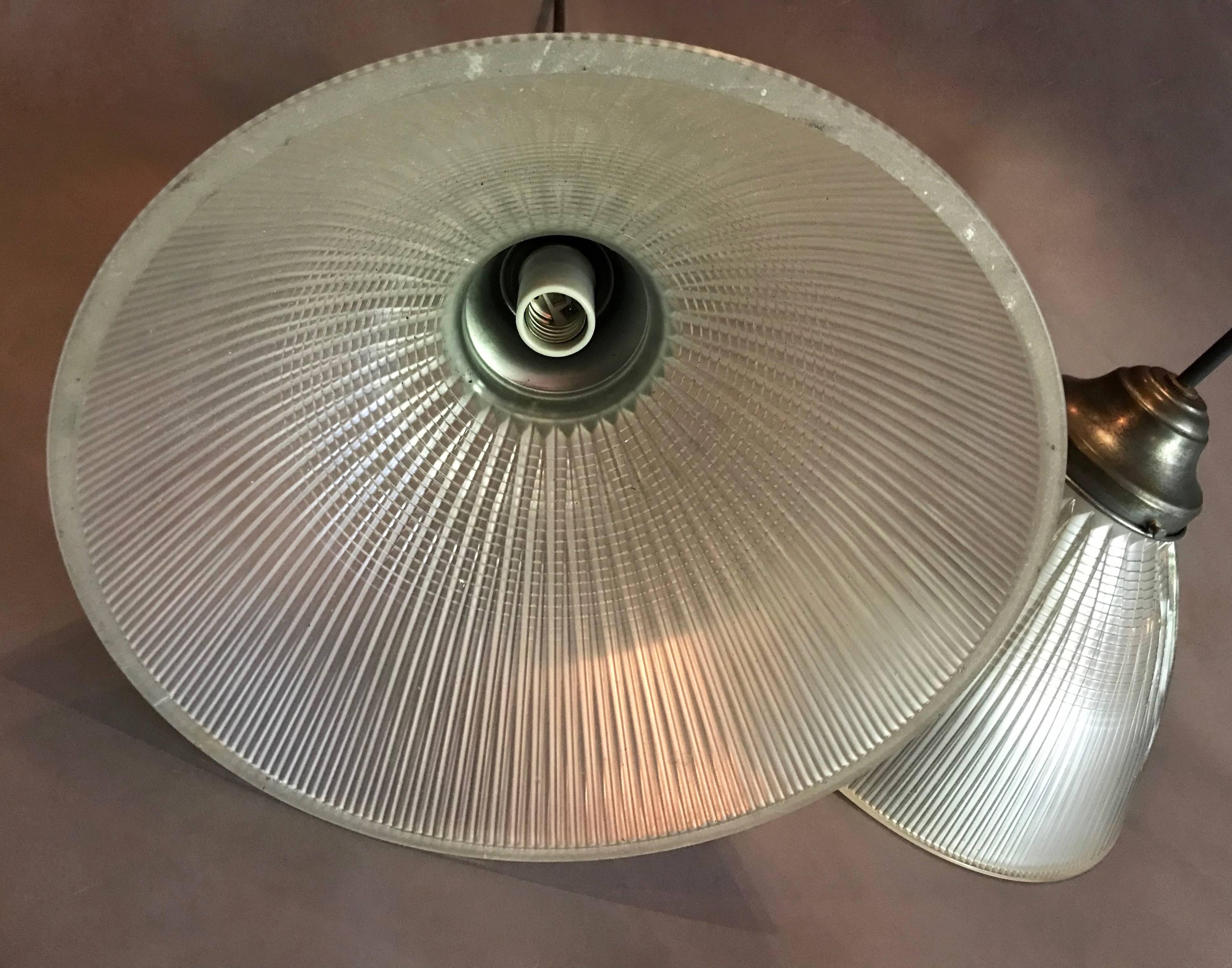 Industrial Factory Prismatic Holophane Glass Dome Pendant Lights In Good Condition In Brooklyn, NY
