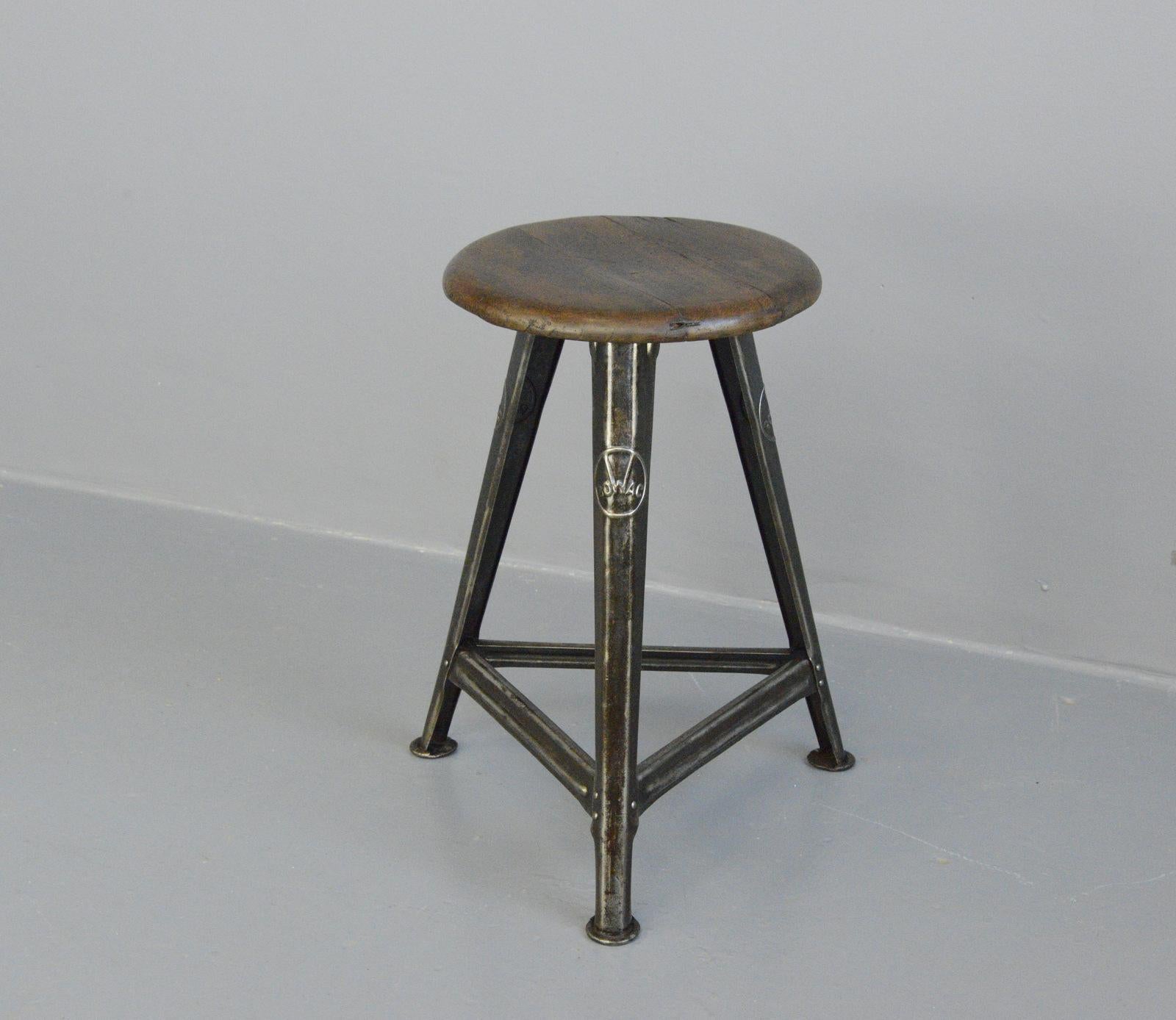 Industrial factory stool by Rowac, circa 1920s

- Branded on all 3 legs
- By Robert Wagner, Chemnitz
- German, 1920s
- Measures: 56cm tall x 35cm wide

Rowac

Robert Wagner’s founded his company in 1888 in Chemnitz, better known as Rowac.