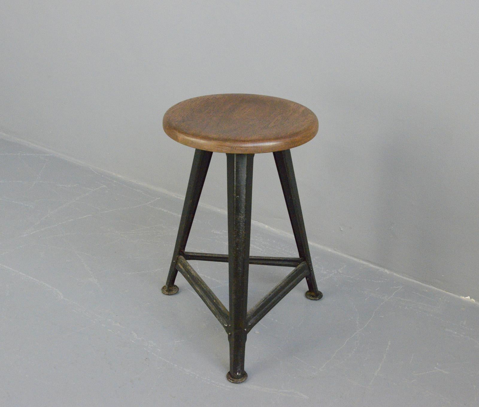 Industrial factory stool by Rowac, Circa 1930s

- Branded on the underneath in the centre of the base plate
- By Robert Wagner, Chemnitz
- German ~ 1930s
- 57cm tall x 35cm wide

Rowac

Robert Wagner’s founded his company in 1888 in