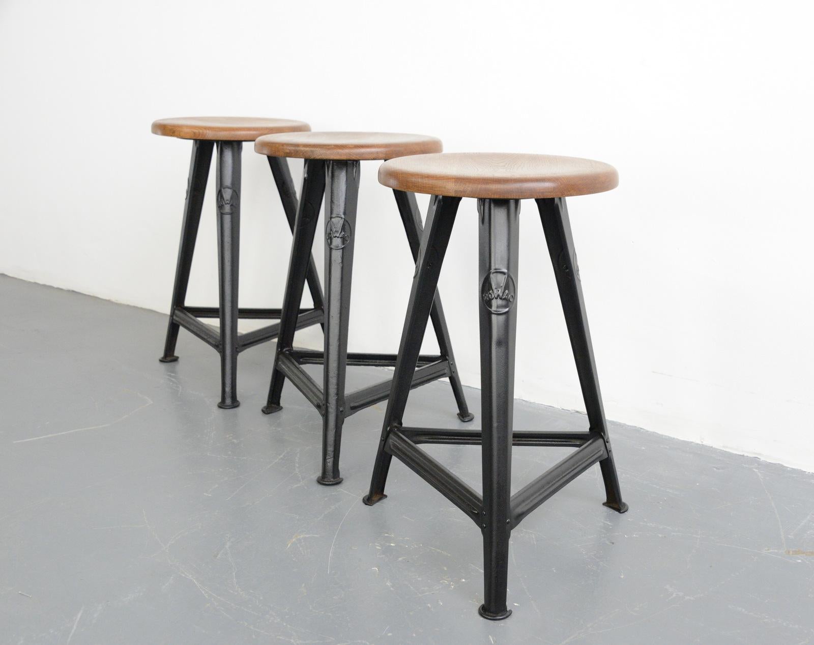 Industrial factory stools by Rowac, circa 1920s

- Price is per stool
- Branded on all 3 legs
- By Robert Wagner, Chemnitz
- German, 1920s
- Measures: 61 cm tall

Rowac

Robert Wagner’s founded his company in 1888 in Chemnitz, better known