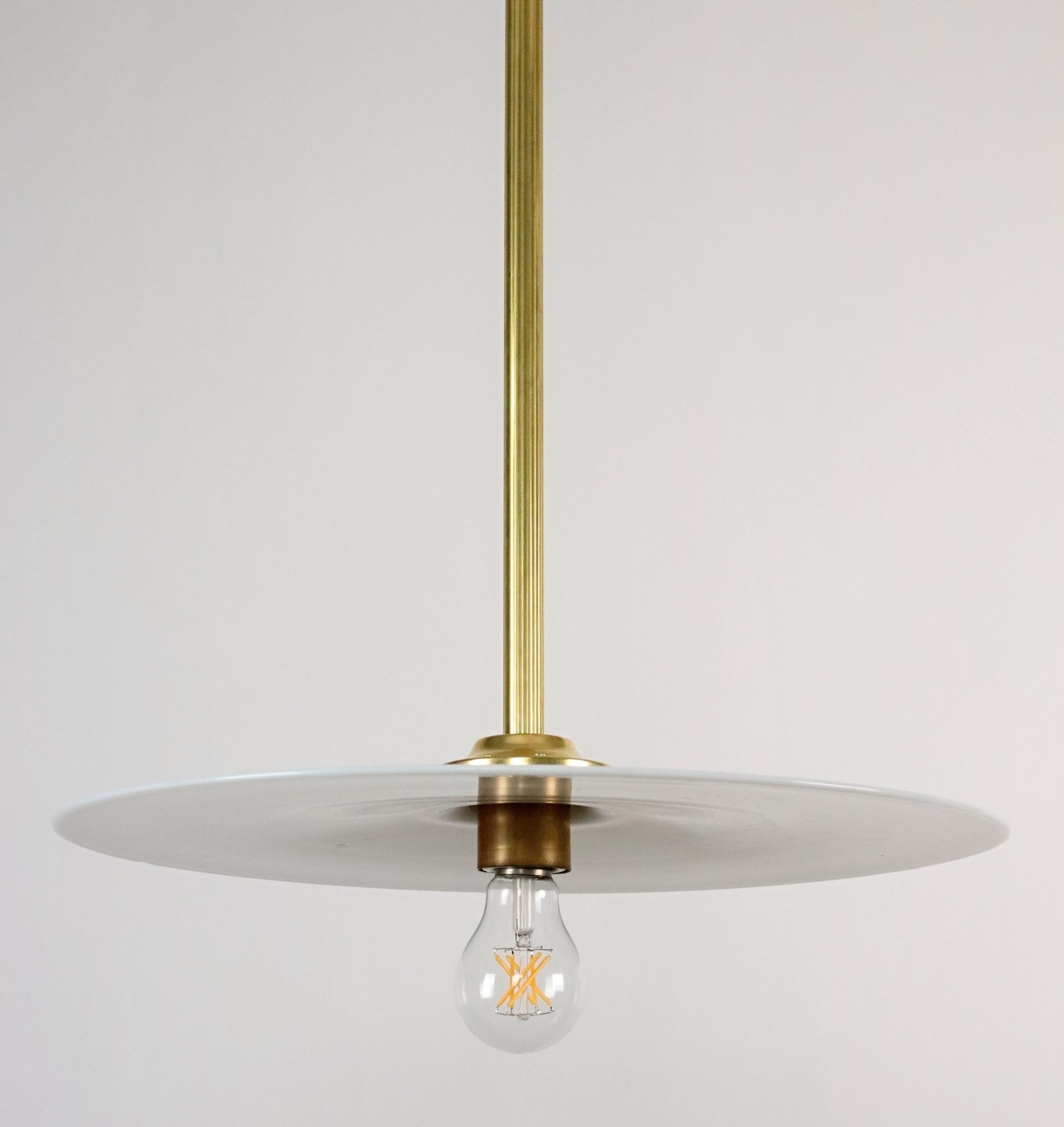 Industrial Flat Disc Milk Glass Brass Pole Pendant Light For Sale 5