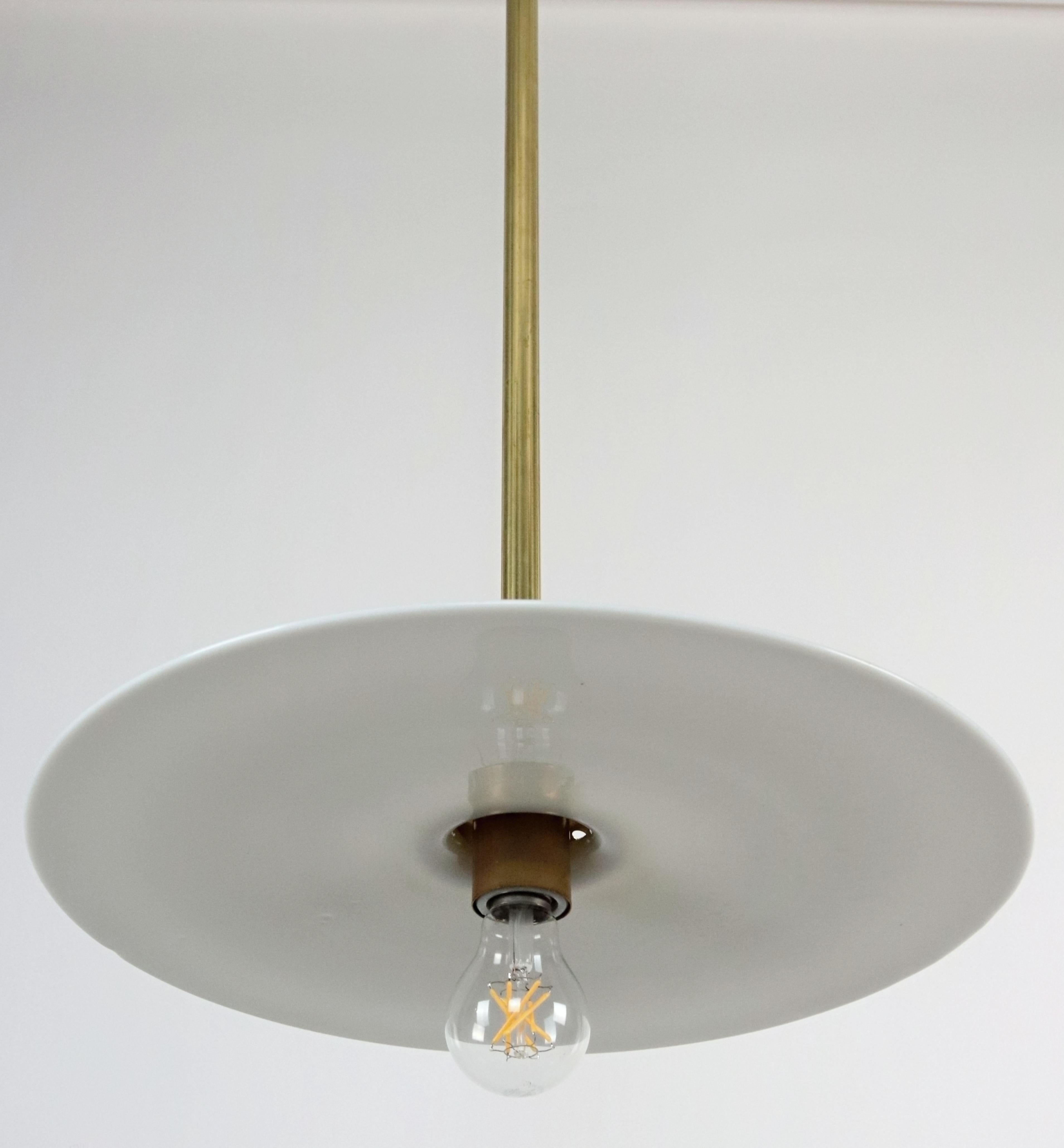Industrial Flat Disc Milk Glass Brass Pole Pendant Light For Sale 6
