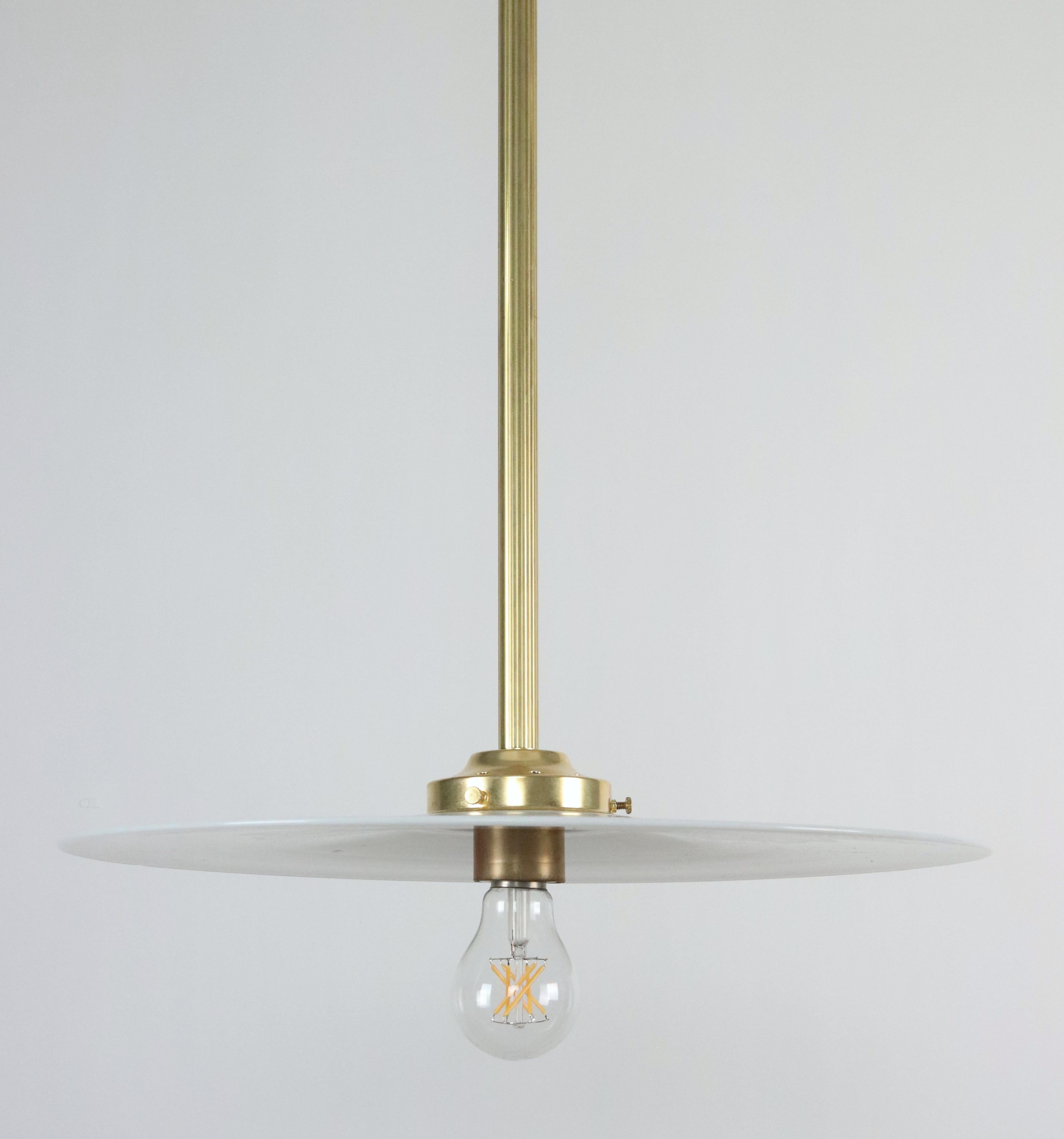 Industrial Flat Disc Milk Glass Brass Pole Pendant Light For Sale 7