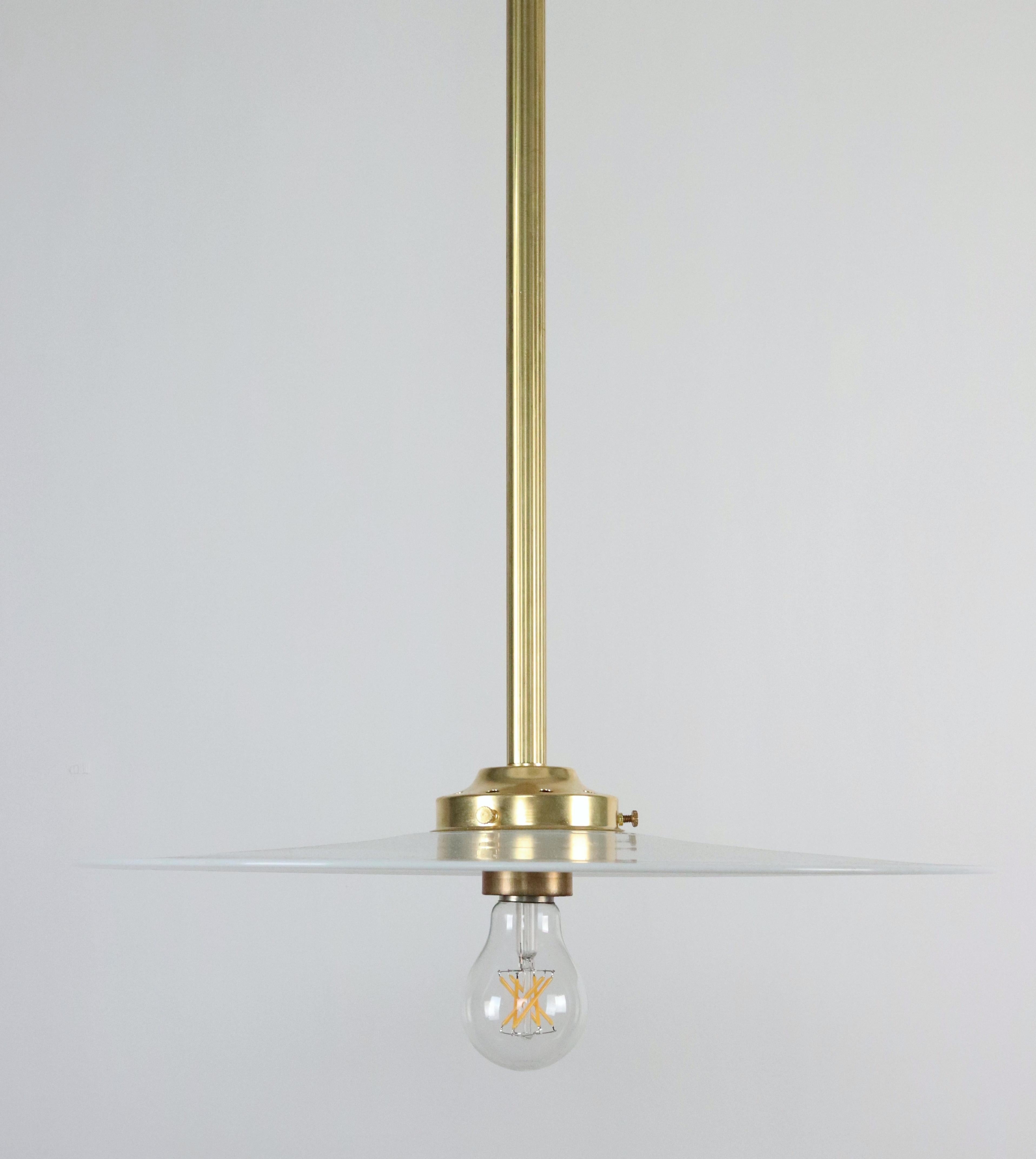Industrial Flat Disc Milk Glass Brass Pole Pendant Light For Sale 8
