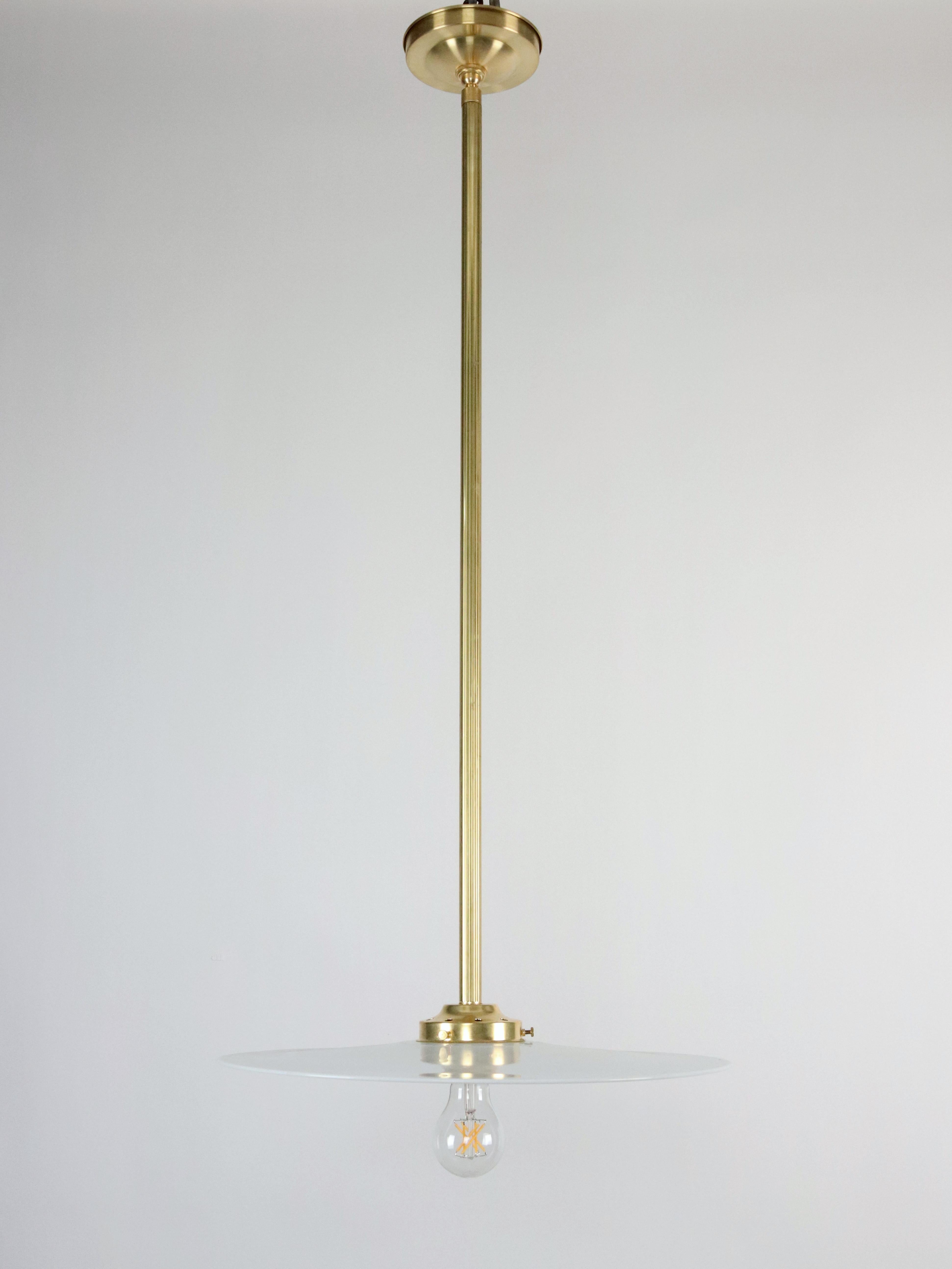 Industrial Flat Disc Milk Glass Brass Pole Pendant Light For Sale 9