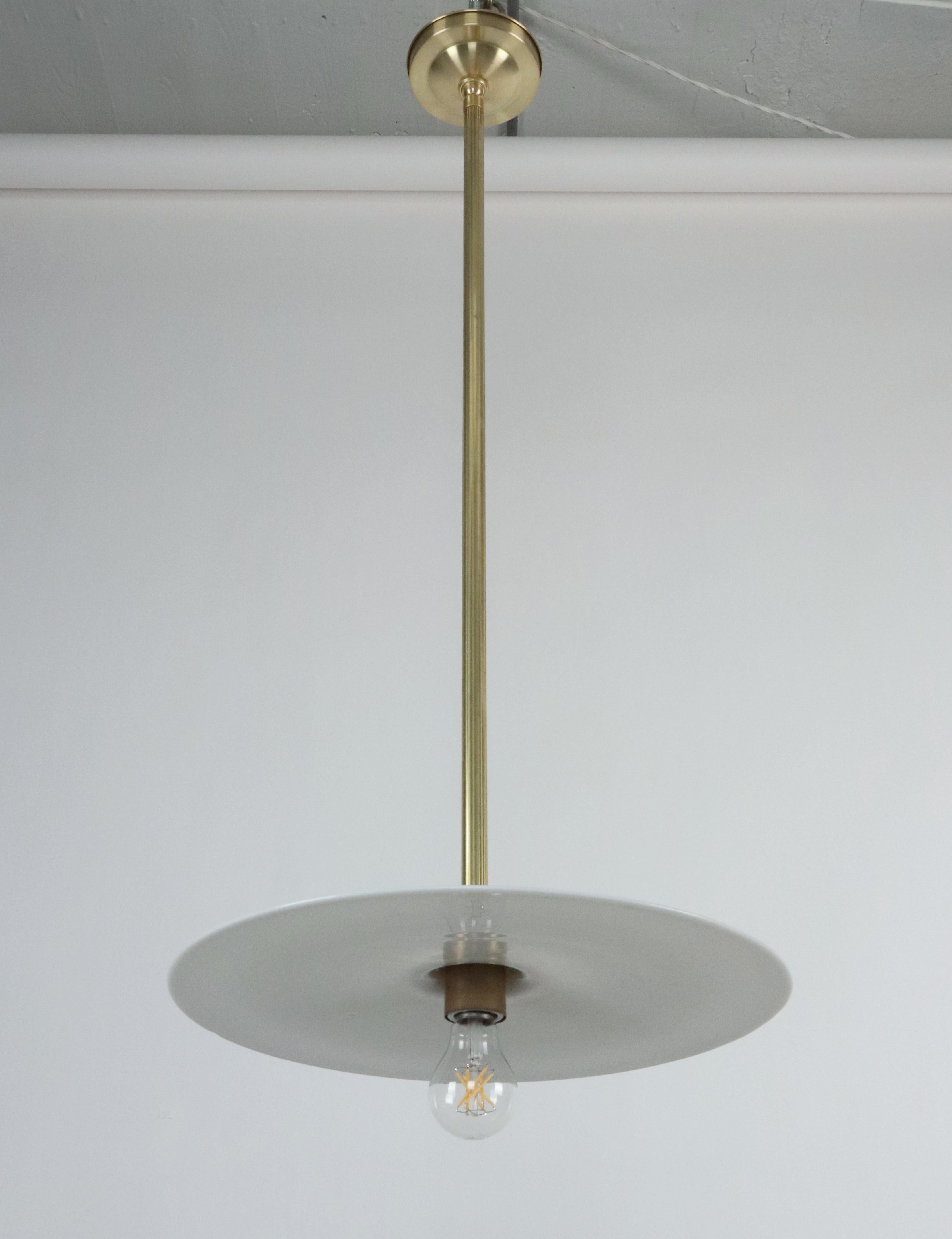 Industrial Flat Disc Milk Glass Brass Pole Pendant Light For Sale 10
