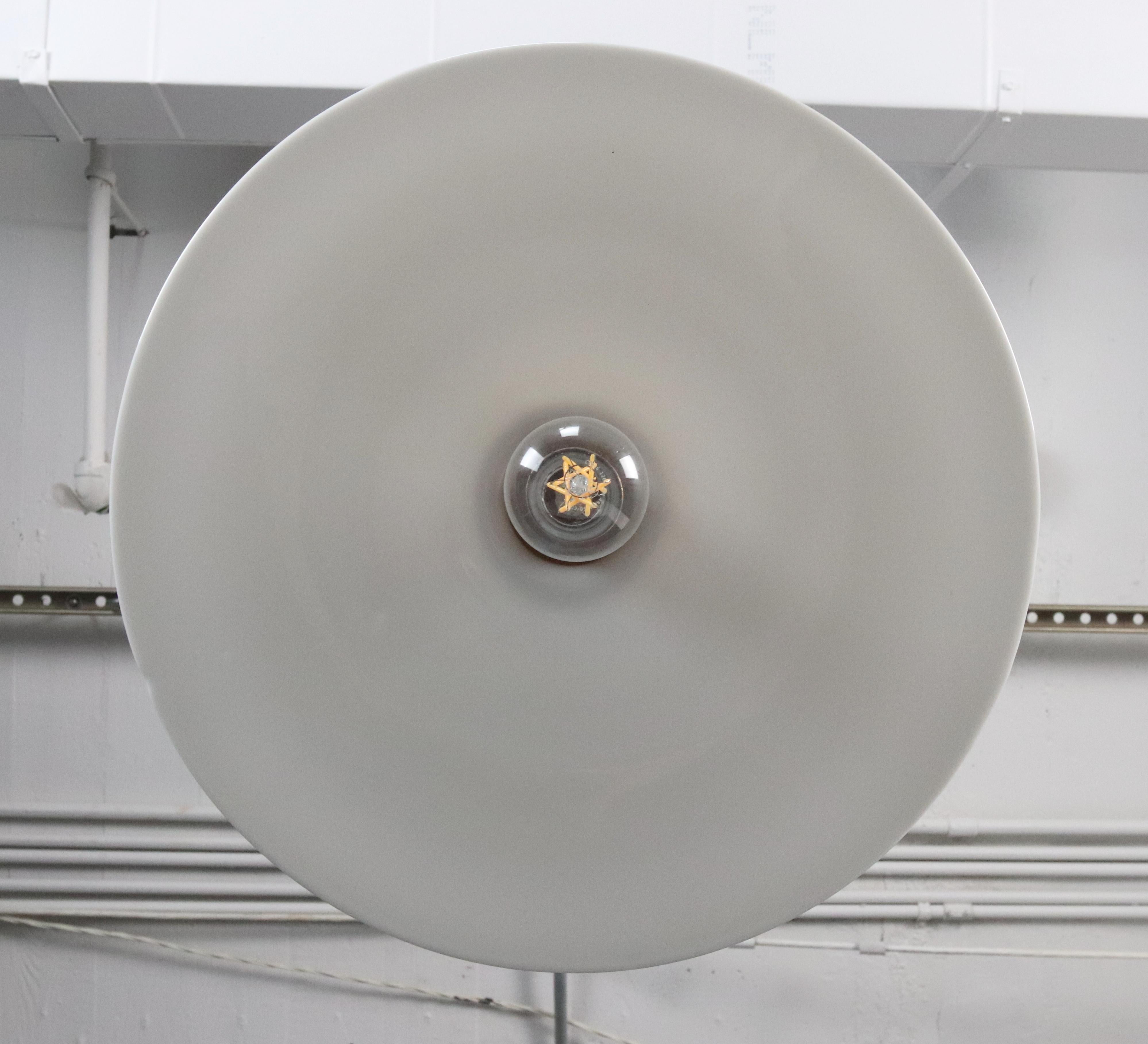 Industrial Flat Disc Milk Glass Brass Pole Pendant Light For Sale 11