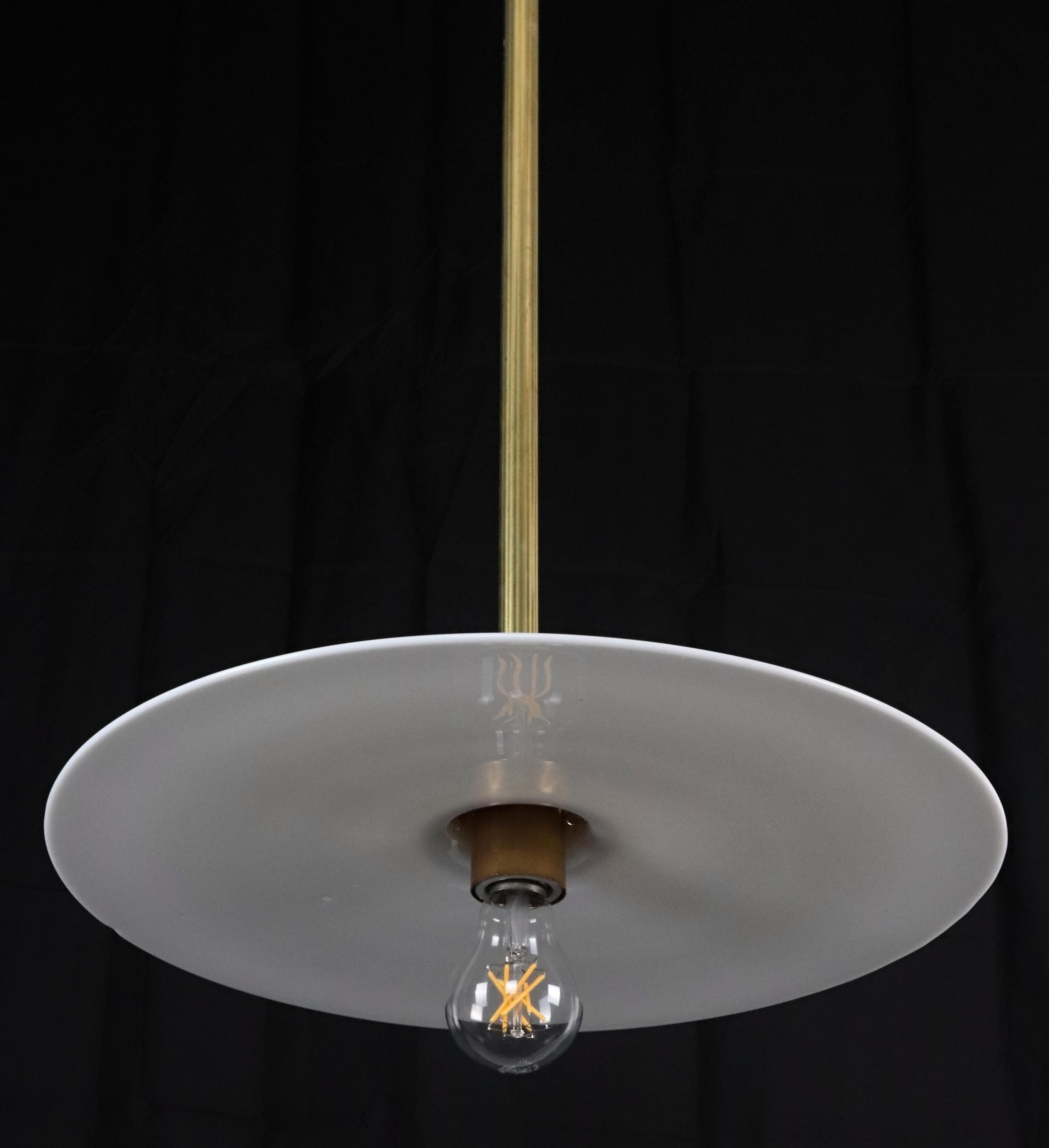 American Industrial Flat Disc Milk Glass Brass Pole Pendant Light For Sale