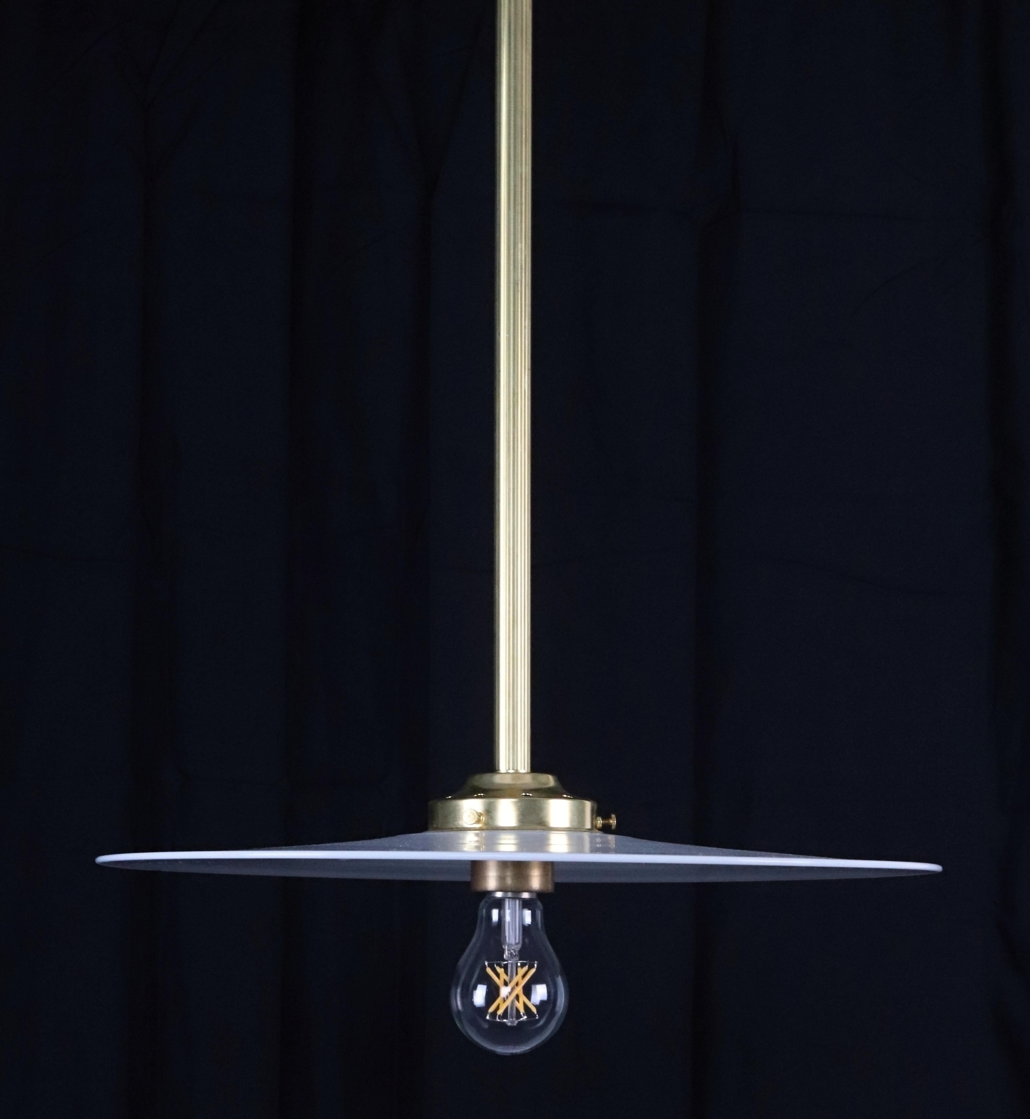 Industrial Flat Disc Milk Glass Brass Pole Pendant Light In Good Condition For Sale In New York, NY