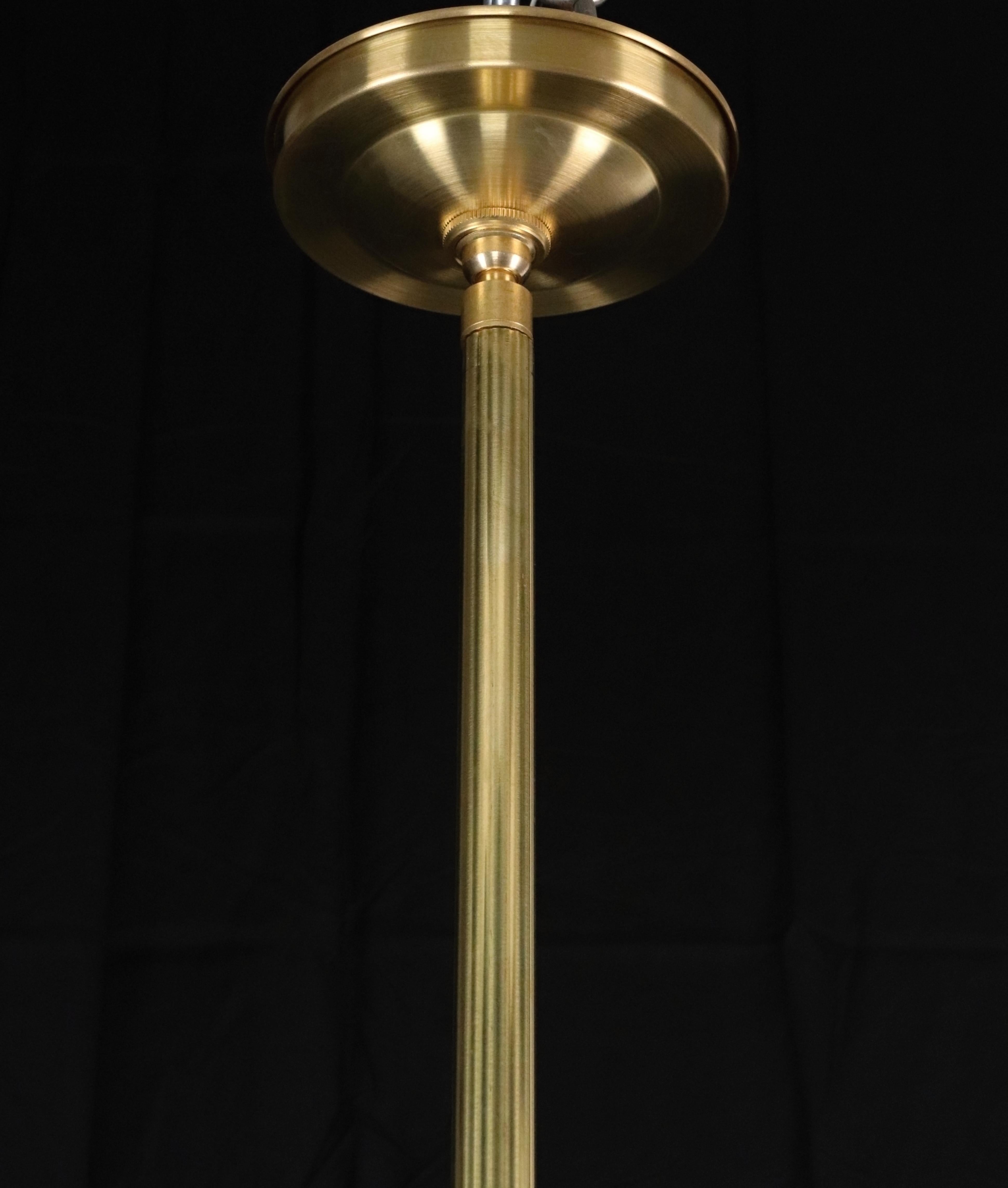 20th Century Industrial Flat Disc Milk Glass Brass Pole Pendant Light For Sale