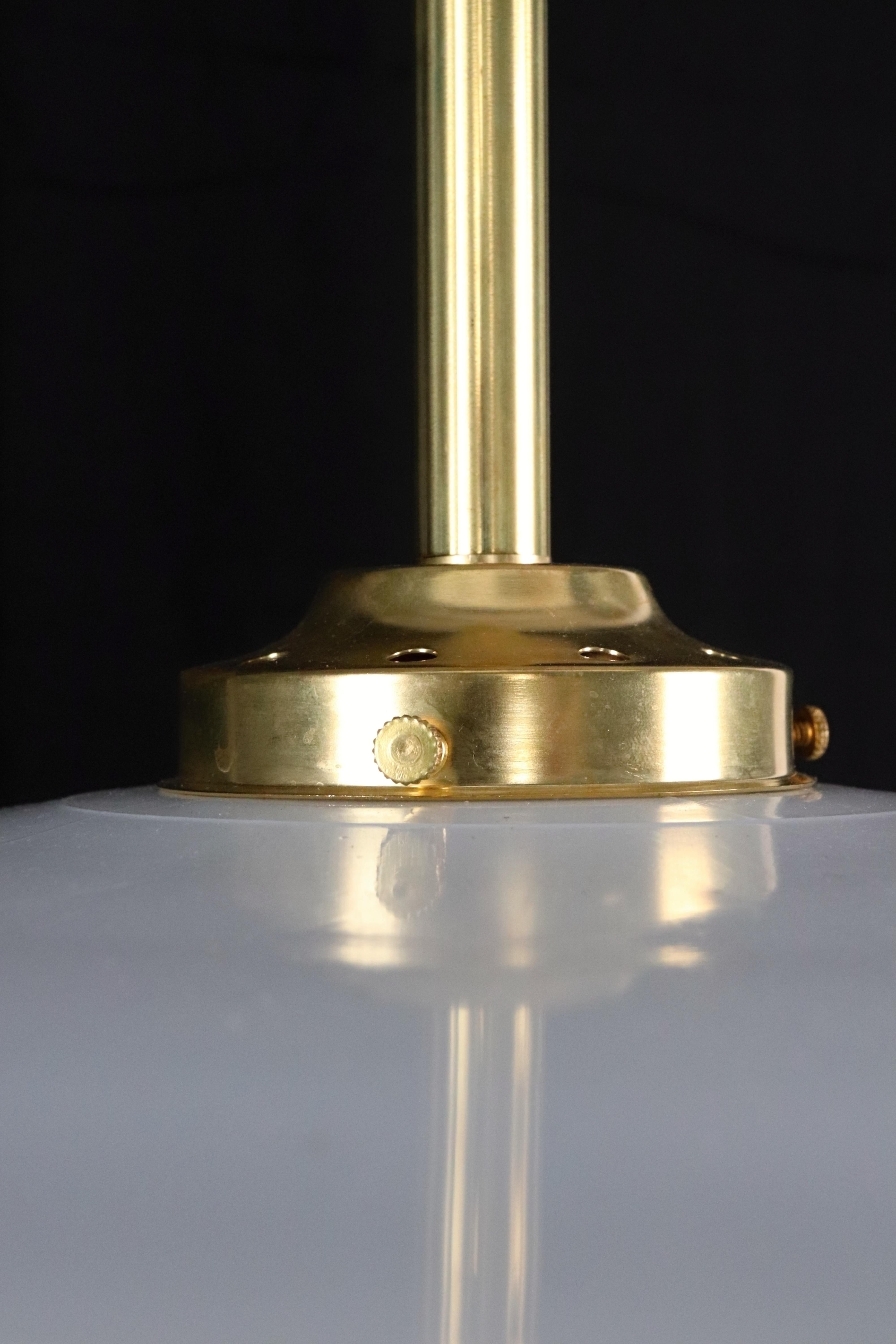 Industrial Flat Disc Milk Glass Brass Pole Pendant Light For Sale 1