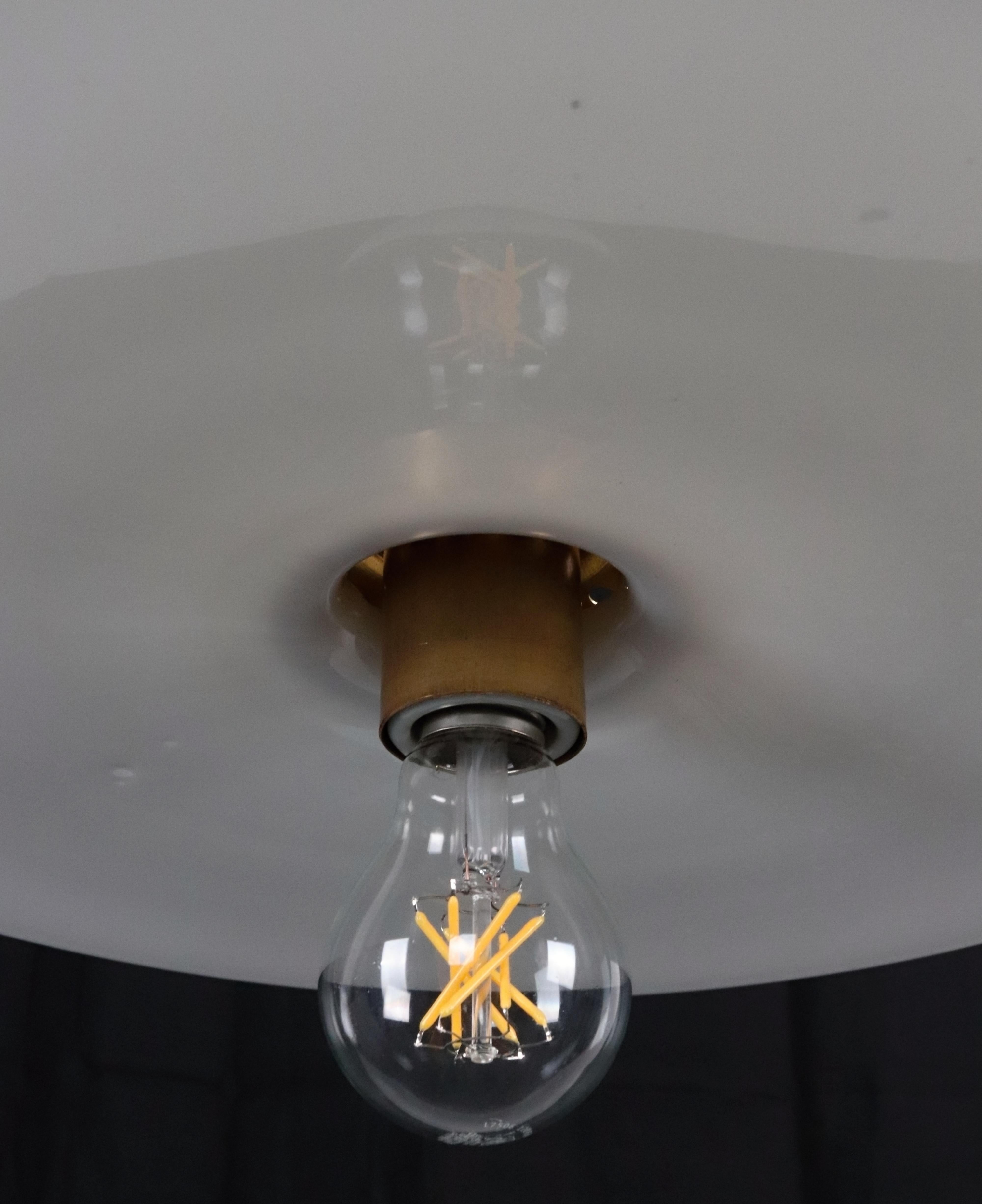 Industrial Flat Disc Milk Glass Brass Pole Pendant Light For Sale 2