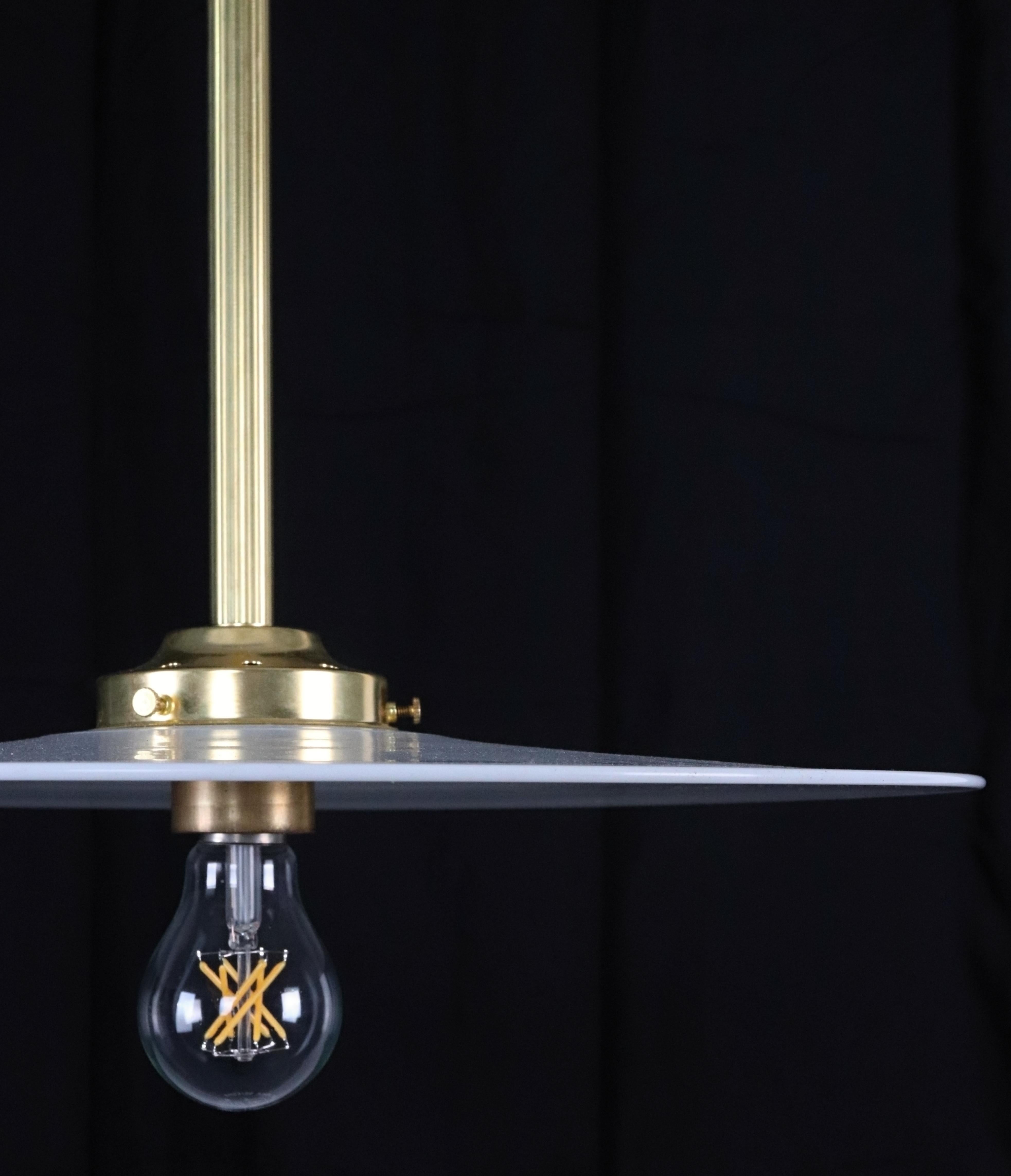 Industrial Flat Disc Milk Glass Brass Pole Pendant Light For Sale 3