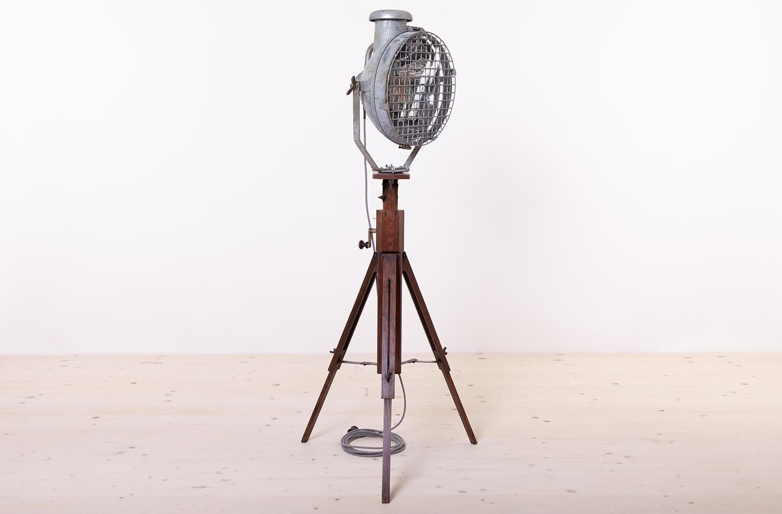 European Industrial Floor Lamp from Tilley, Wooden Tripod Base For Sale