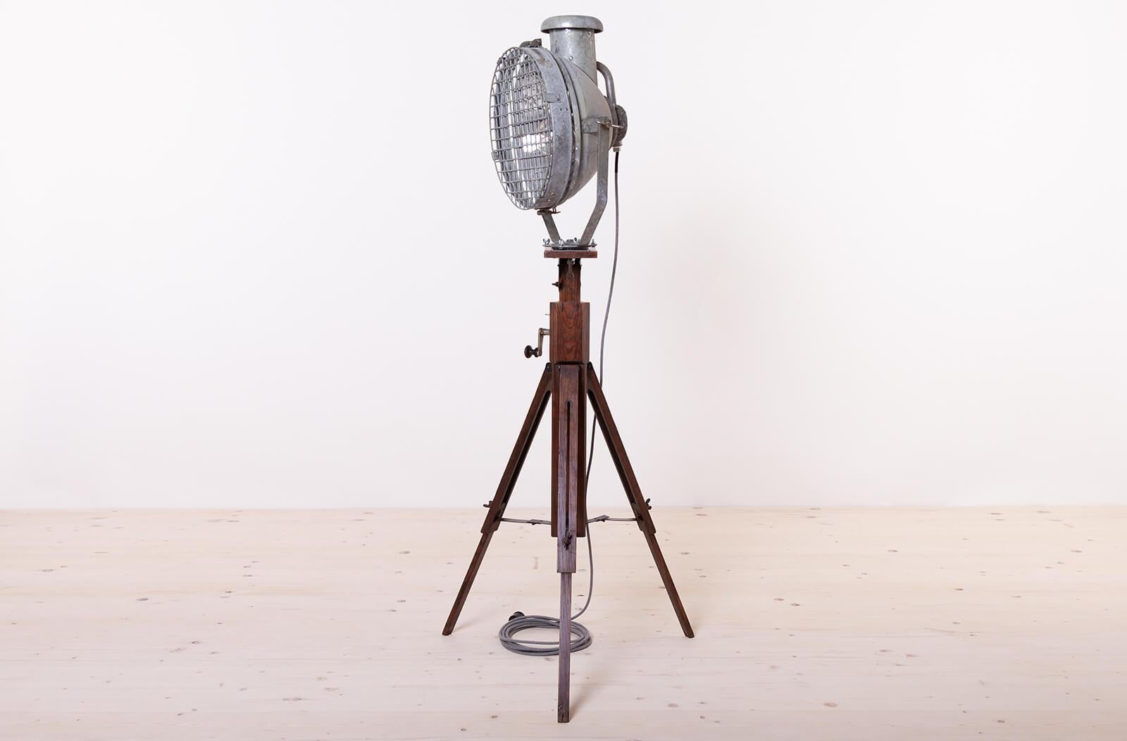 Metal Industrial Floor Lamp from Tilley, Wooden Tripod Base For Sale