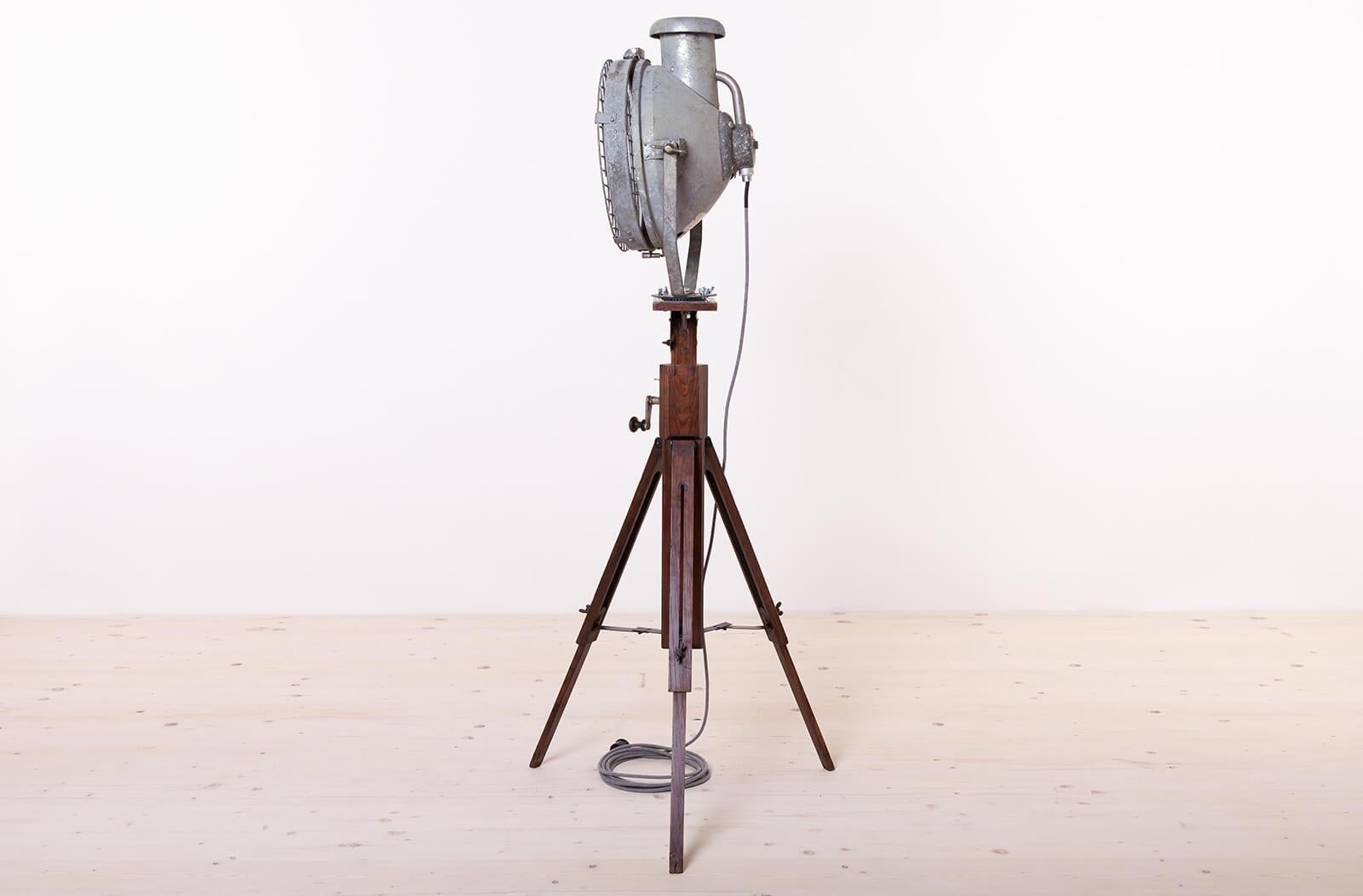 Industrial Floor Lamp from Tilley, Wooden Tripod Base For Sale 1