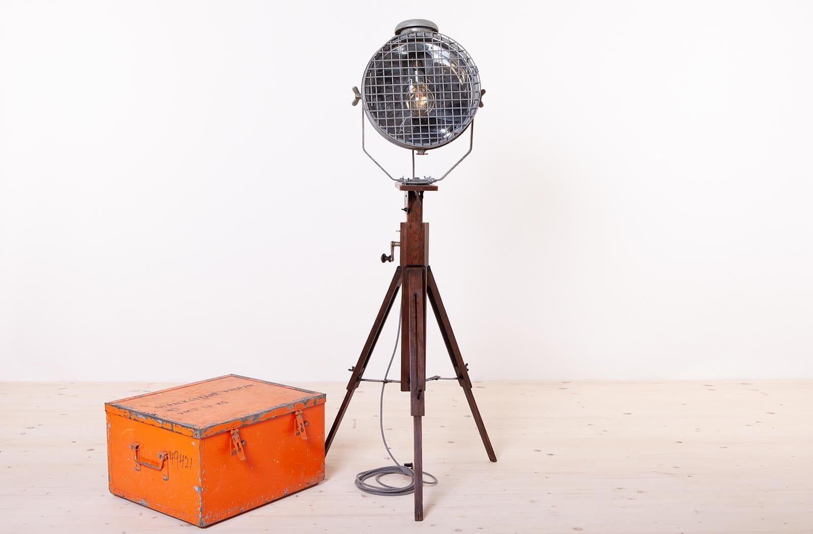 Industrial Floor Lamp from Tilley, Wooden Tripod Base For Sale 2