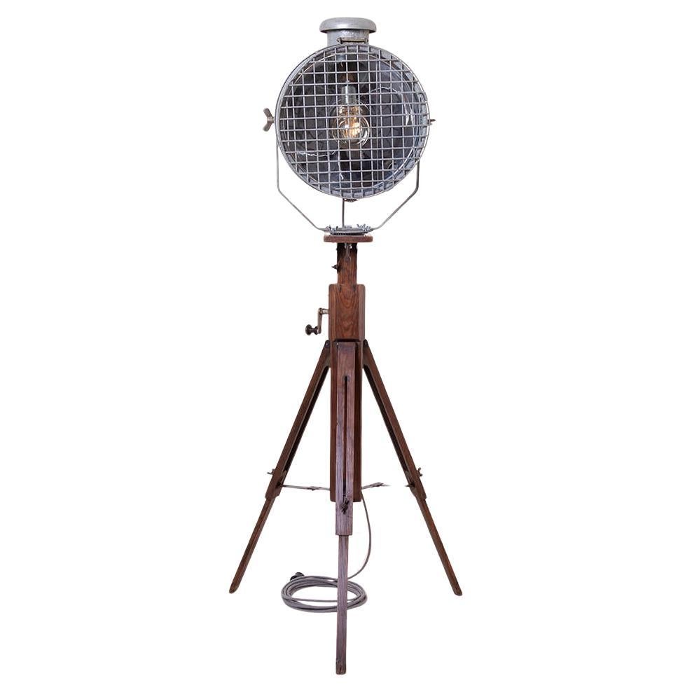 Industrial Floor Lamp from Tilley, Wooden Tripod Base For Sale