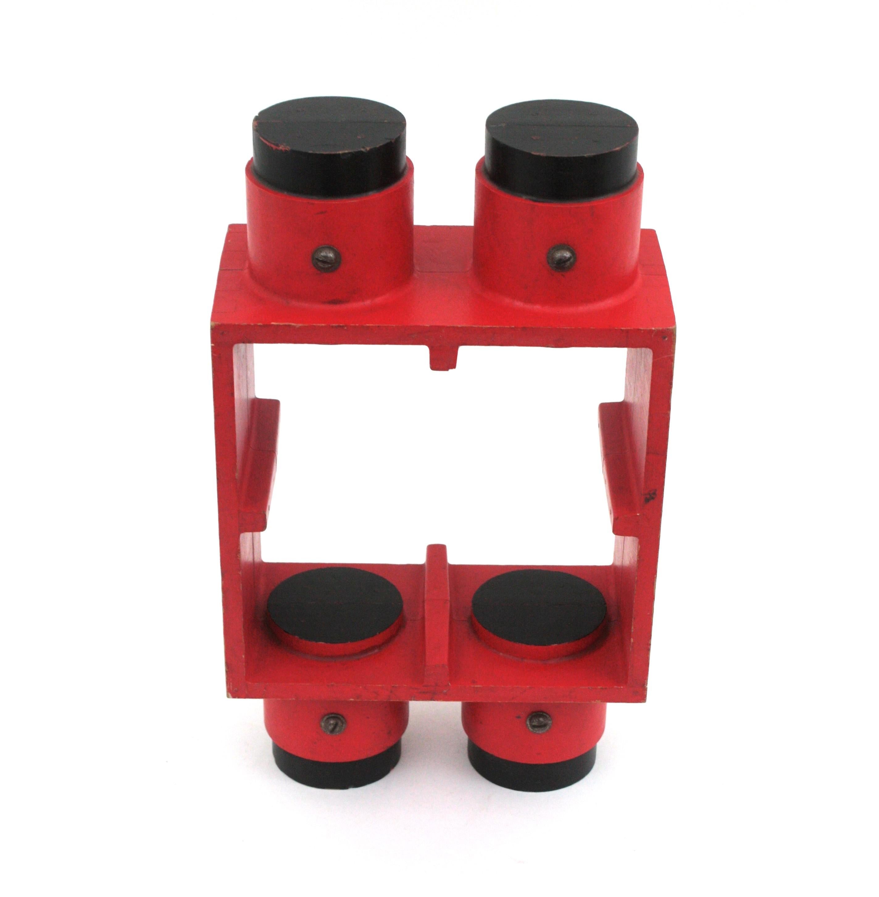 Painted Industrial Foundry Mold Red Black Wood Sculpture, Spain, 1940s For Sale