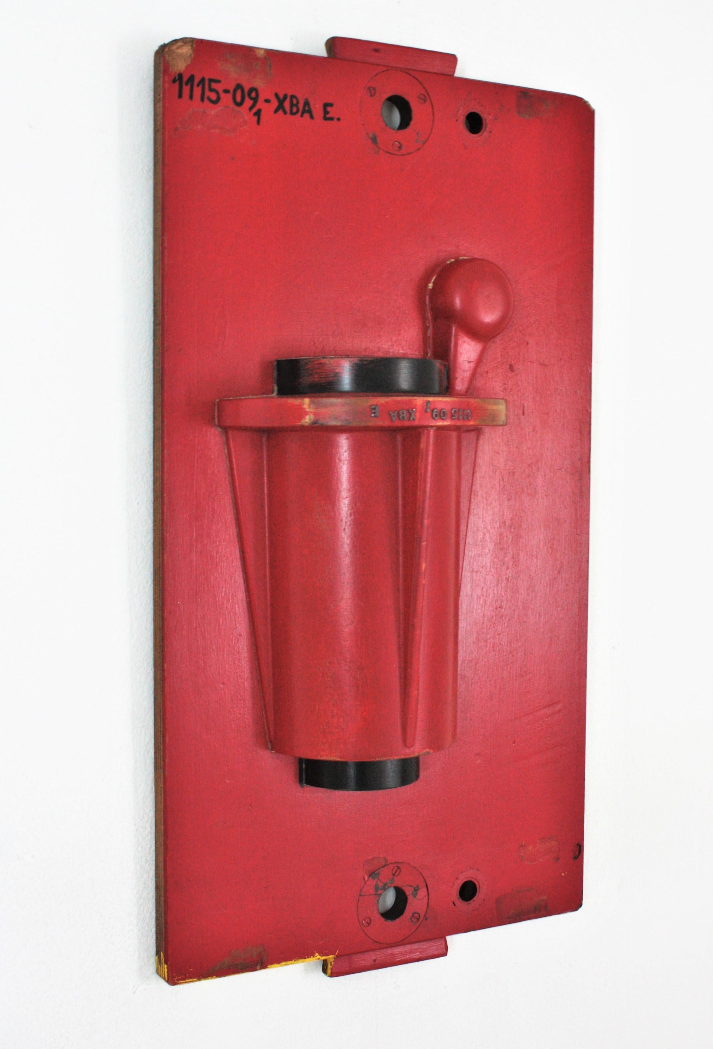 Wood foundry mold as wall sculpture, Spain, 1940s.
Black and red original colors. 
Measures: 82 cm H x 43,5 cm W x 16 cm D // 32,28 in H x 17,12 in W x 6,29 in D
This piece will be a nice addition to any industrial decoration but it will work