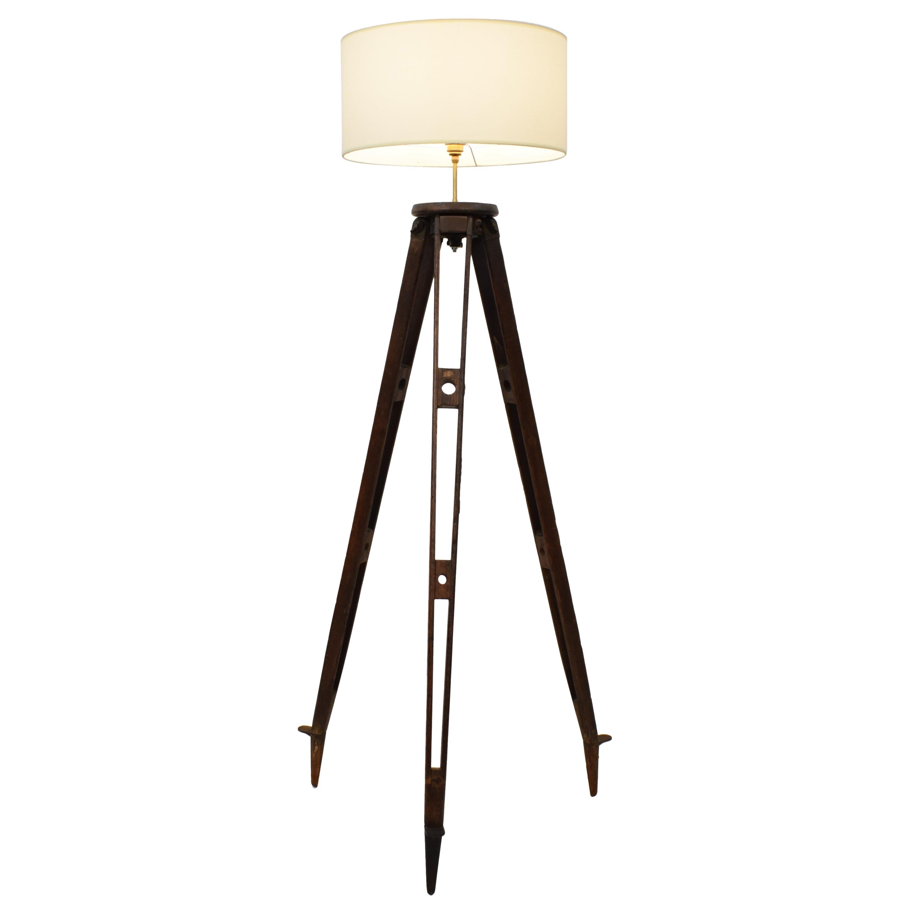 Industrial French Art Deco Tripod Floor Lamp Light with Fabric Shade, 1920