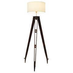 Industrial French Art Deco Tripod Floor Lamp Light with Fabric Shade, 1920