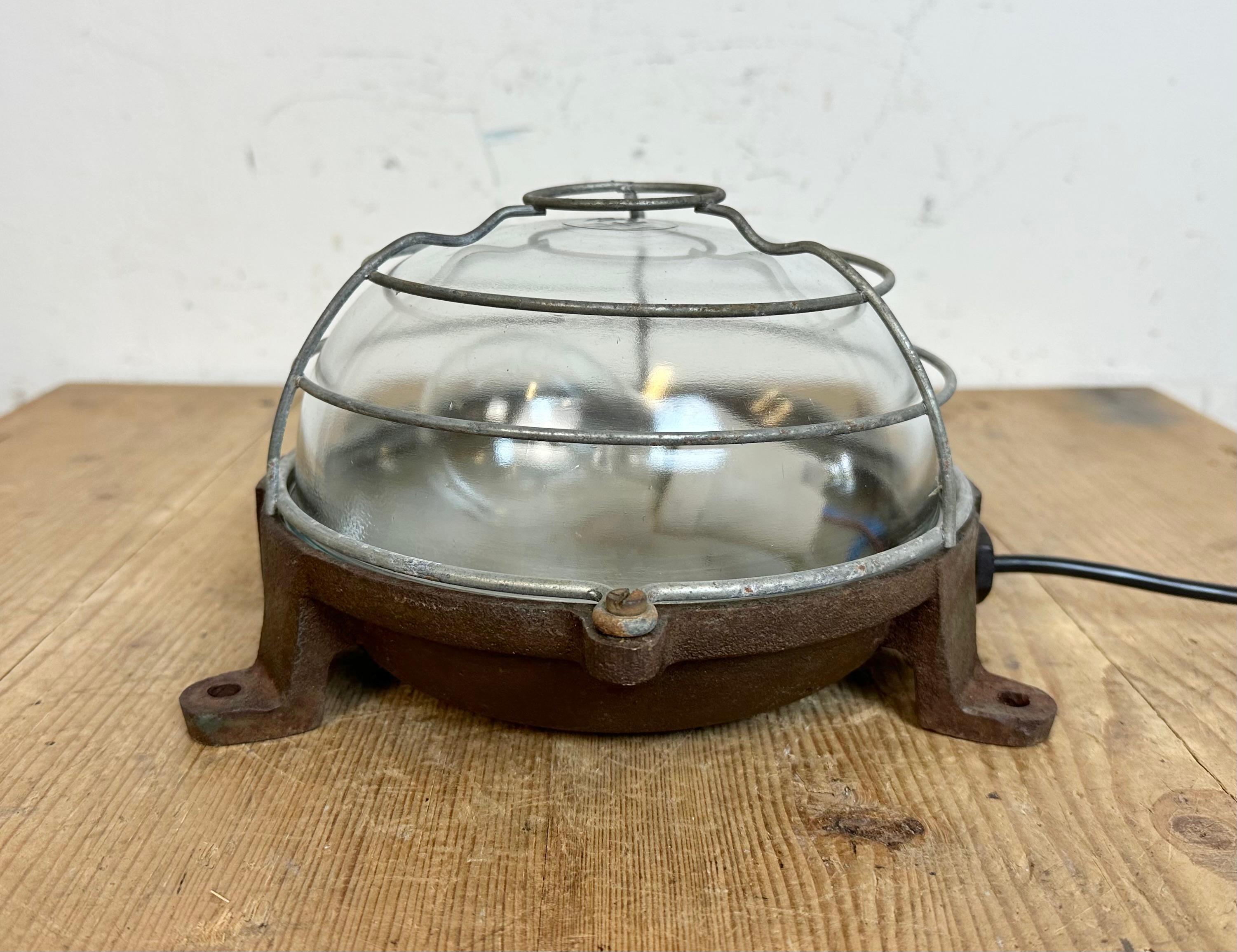 Glass Industrial French Cast Iron Wall or Ceiling Light, 1950s For Sale