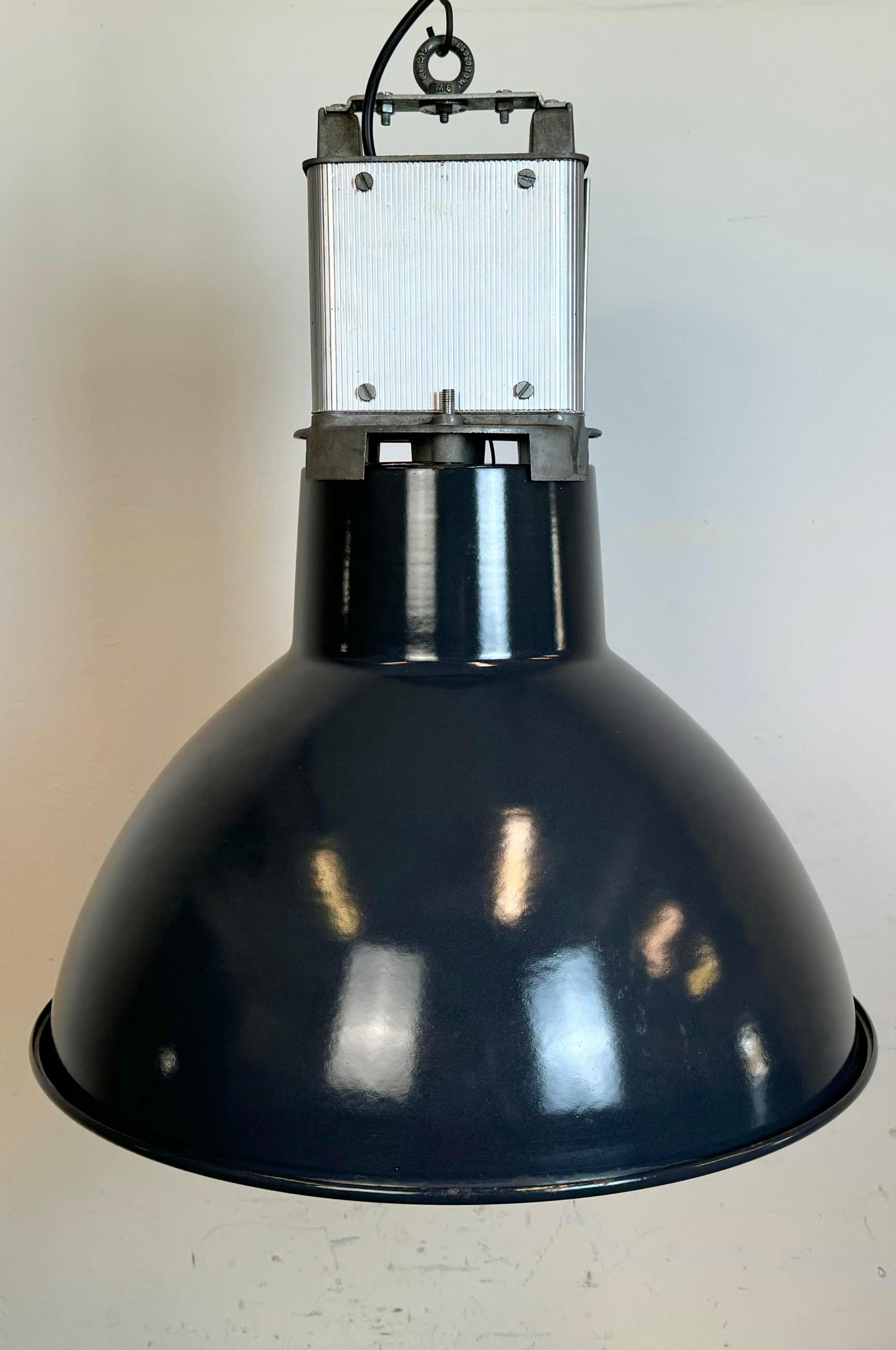 Industrial French Dark Blue Enamel Pendant Lamp from MAZDA, 1960s In Good Condition For Sale In Kojetice, CZ