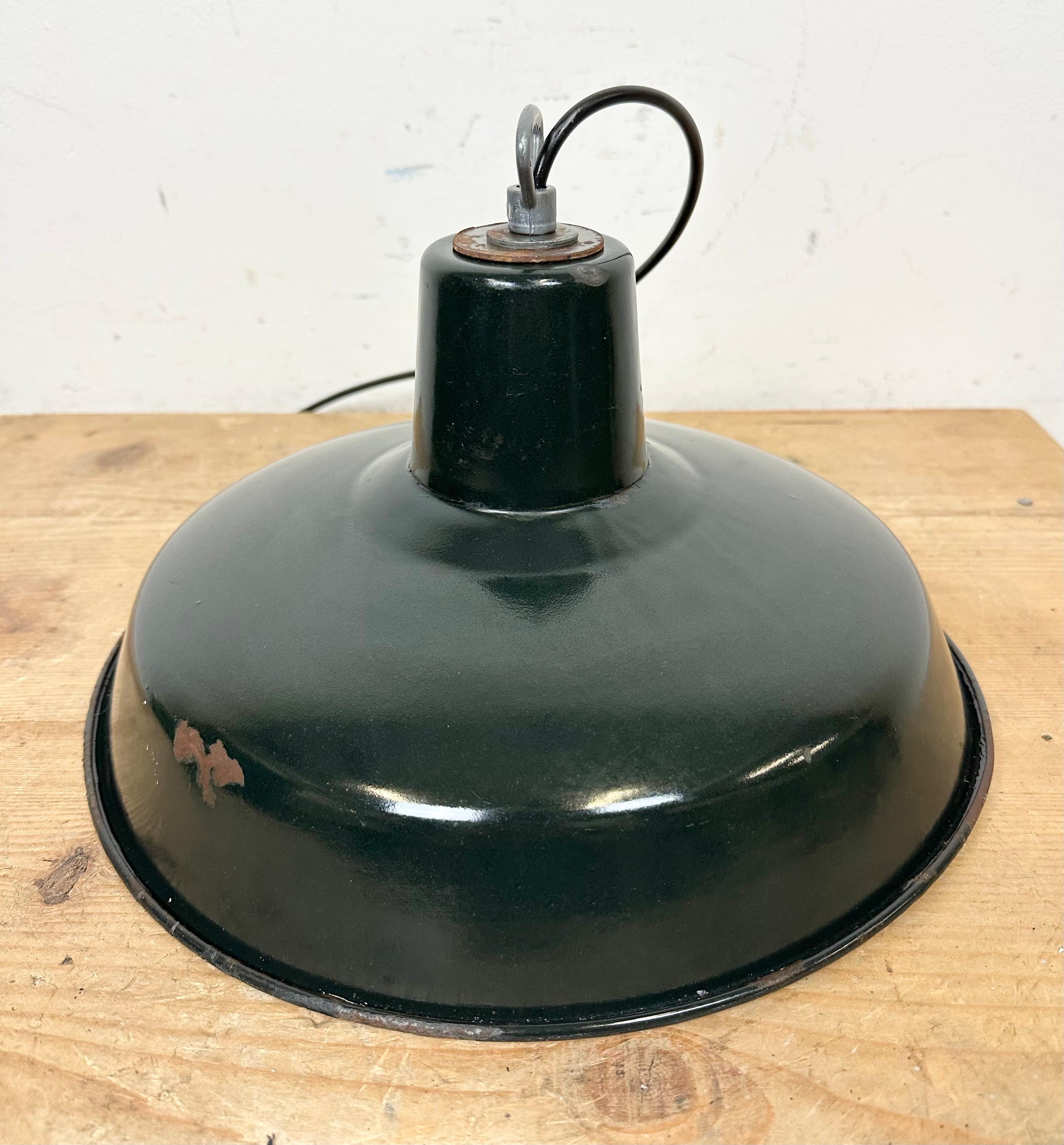 Industrial French Dark Green Enamel Factory Lamp, 1960s For Sale 8