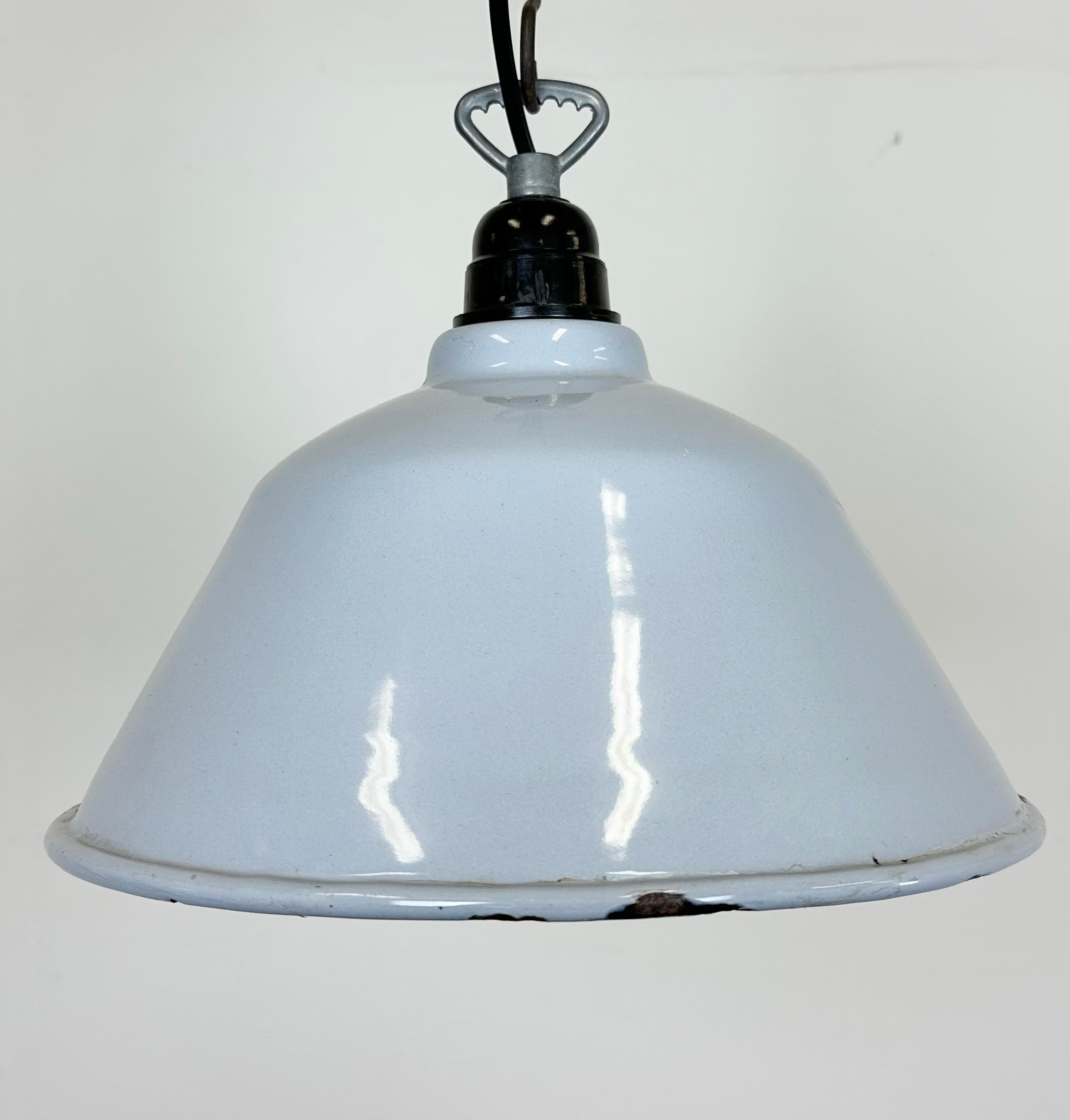Czech Industrial French Grey Enamel Factory Pendant Lamp, 1960s For Sale