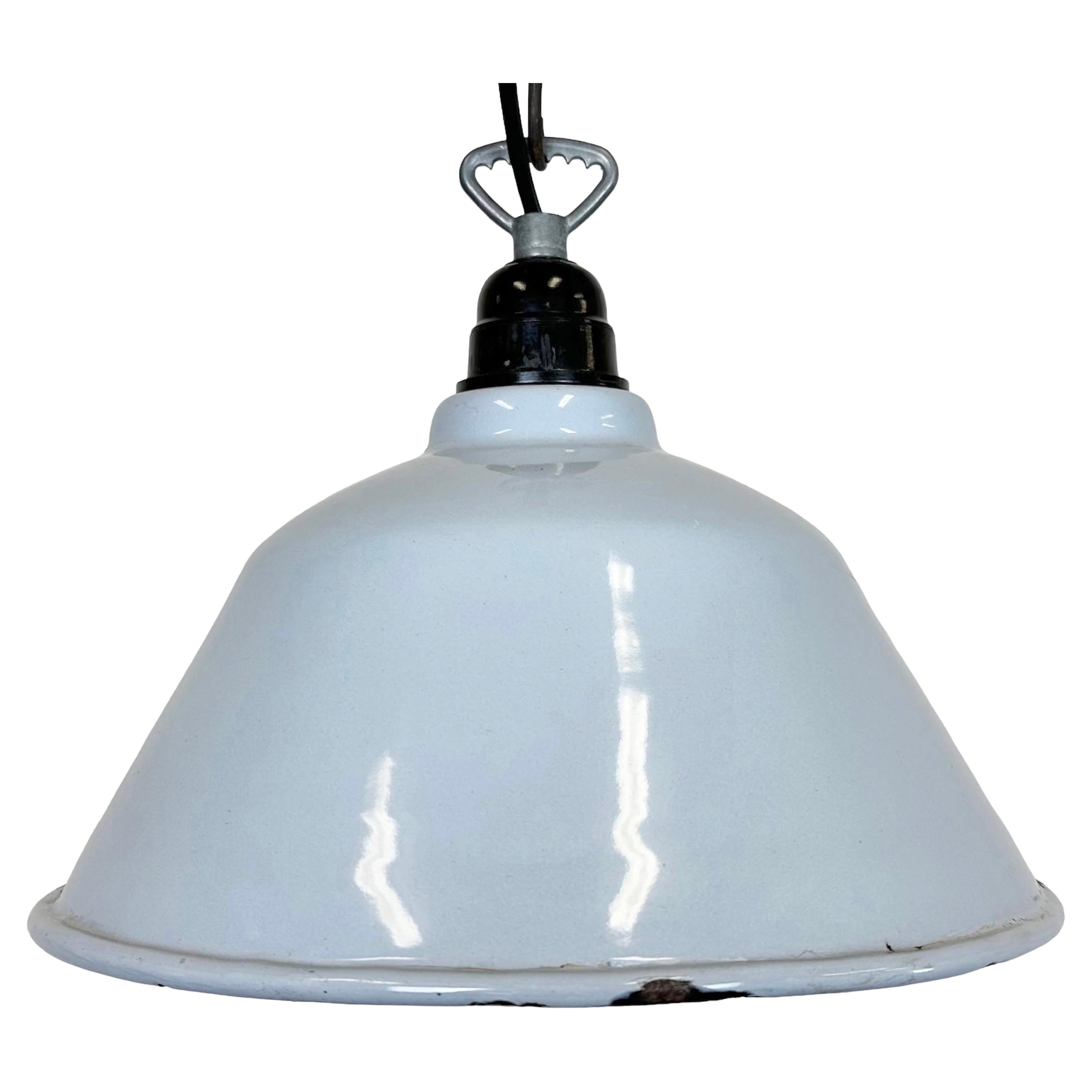 Industrial French Grey Enamel Factory Pendant Lamp, 1960s For Sale