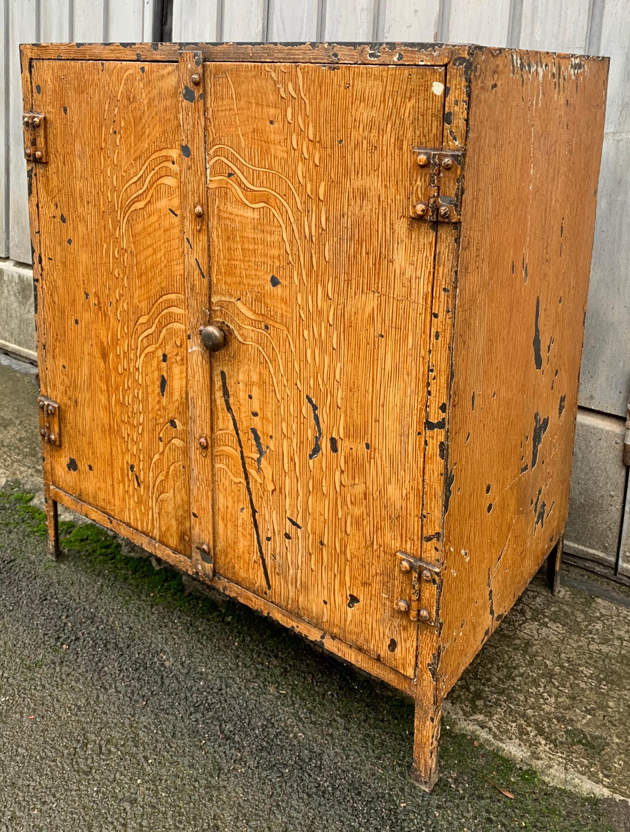 French Industrial Style Faux Bois Painted Metal Cupboard In Good Condition In Haddonfield, NJ