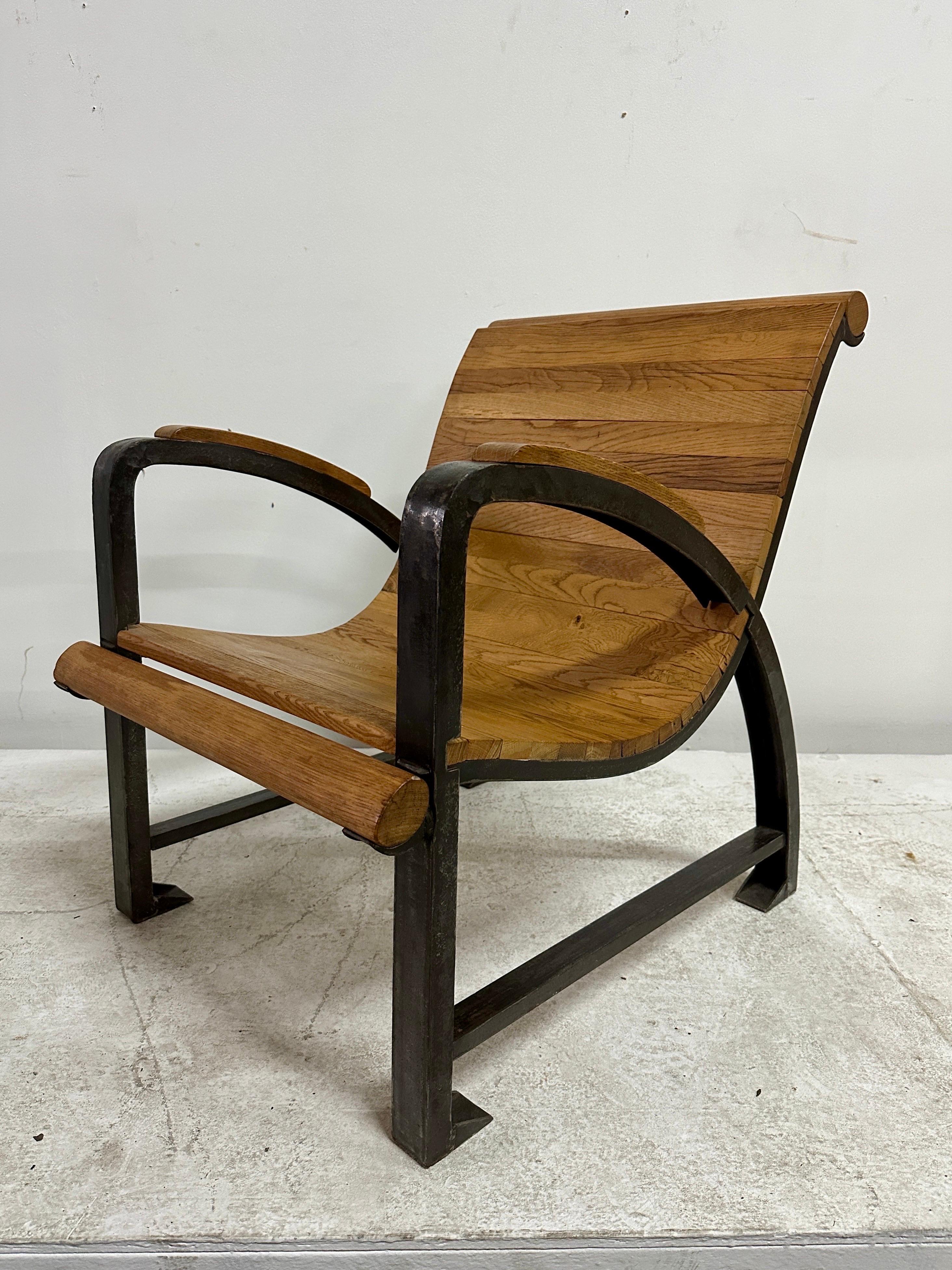 Industrial French Slatted Wood and Iron Chair In Good Condition For Sale In East Hampton, NY