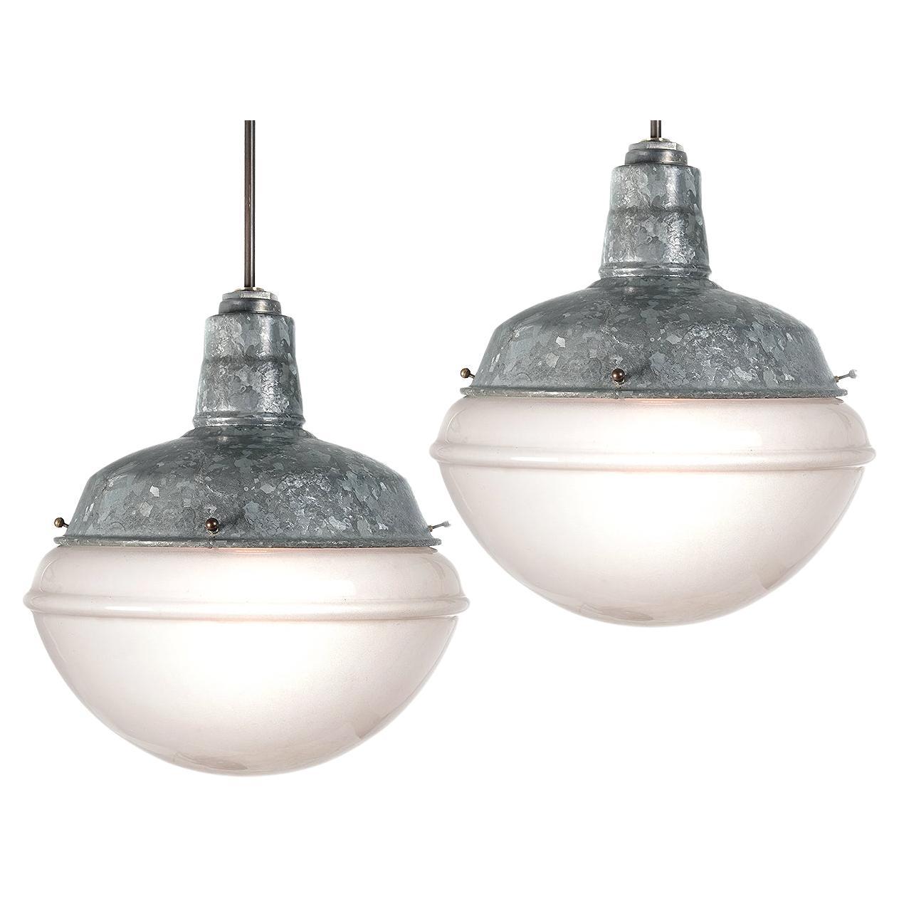 Industrial Frosted Dome Pendents - Matching Pair For Sale