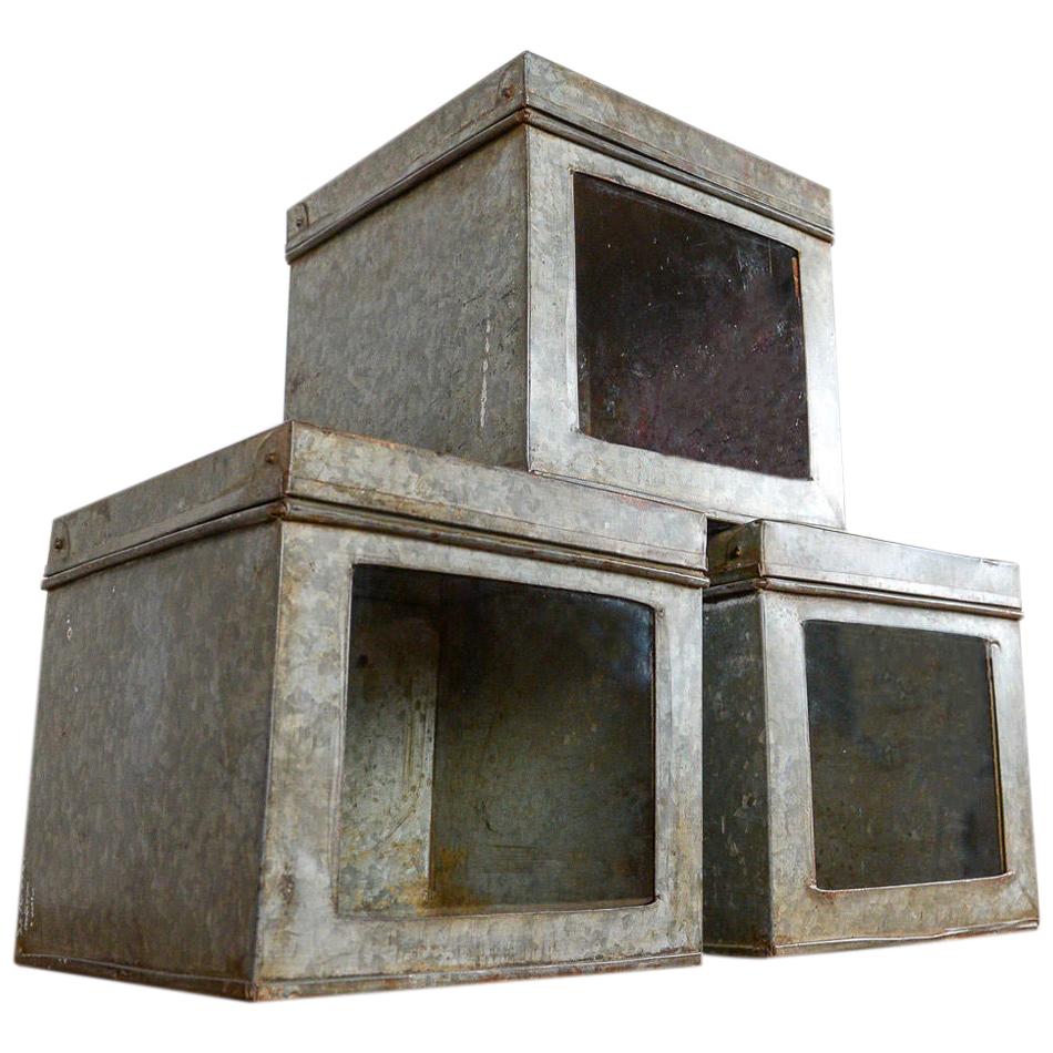 Industrial Galvanised Glass Front Metal Boxes, 20th Century For Sale