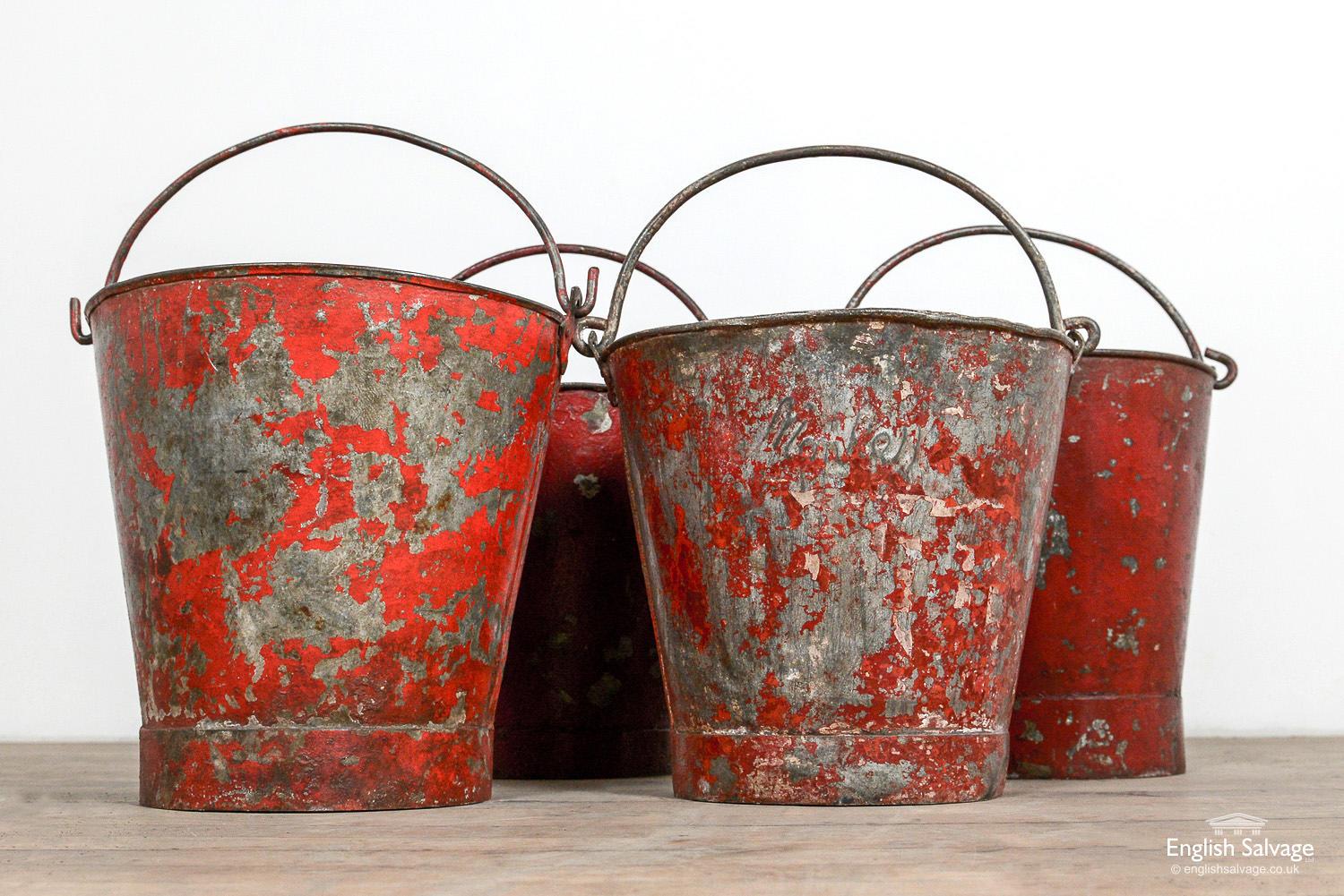 Metal Industrial Galvanised Red Fire Buckets, 20th Century For Sale