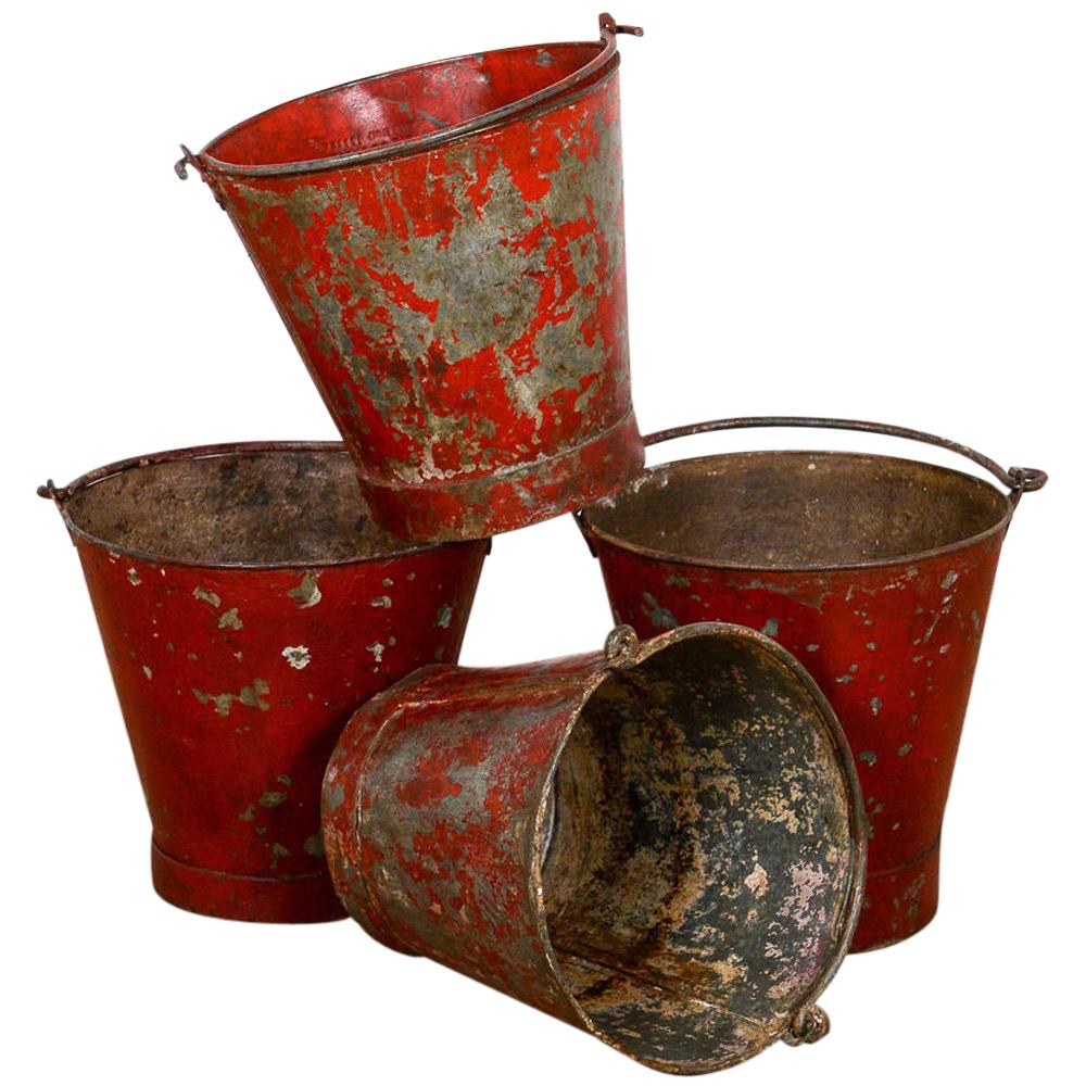 Industrial Galvanised Red Fire Buckets, 20th Century For Sale