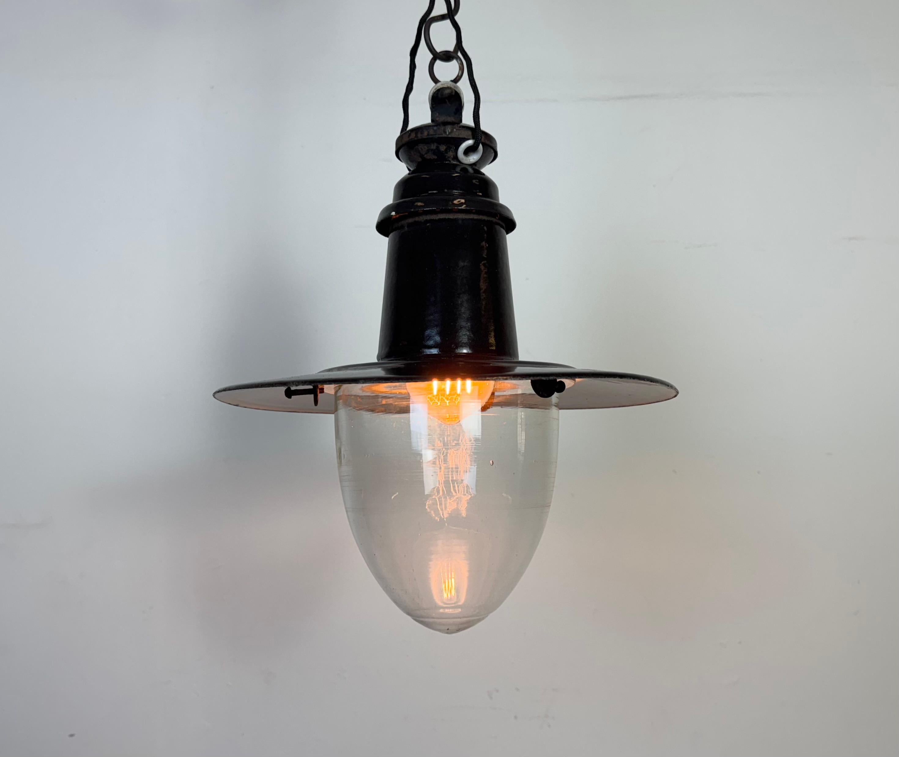 Industrial German Black Enamel Pendant Lamp with Glass Cover, 1930s For Sale 6