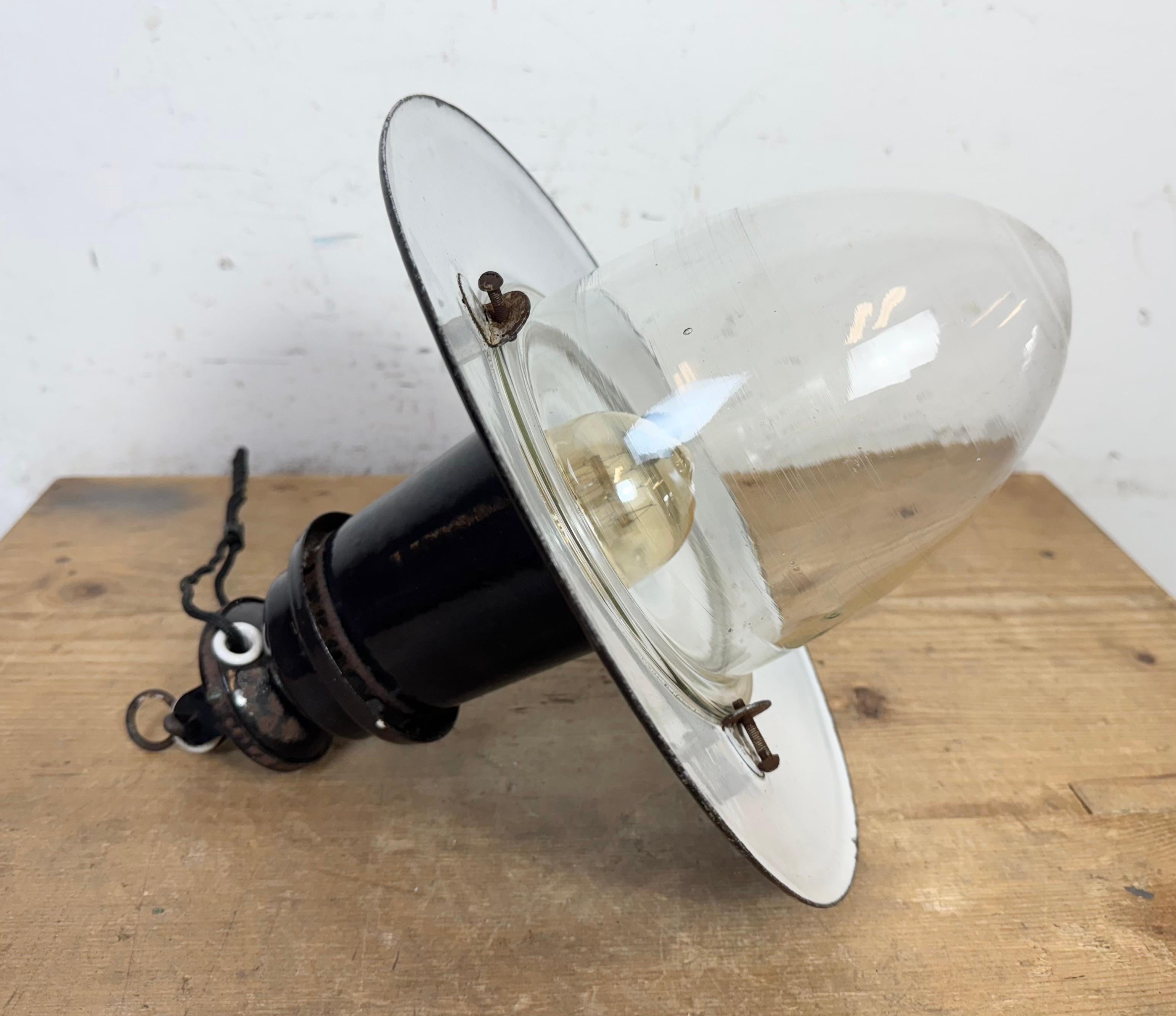 Industrial German Black Enamel Pendant Lamp with Glass Cover, 1930s For Sale 8