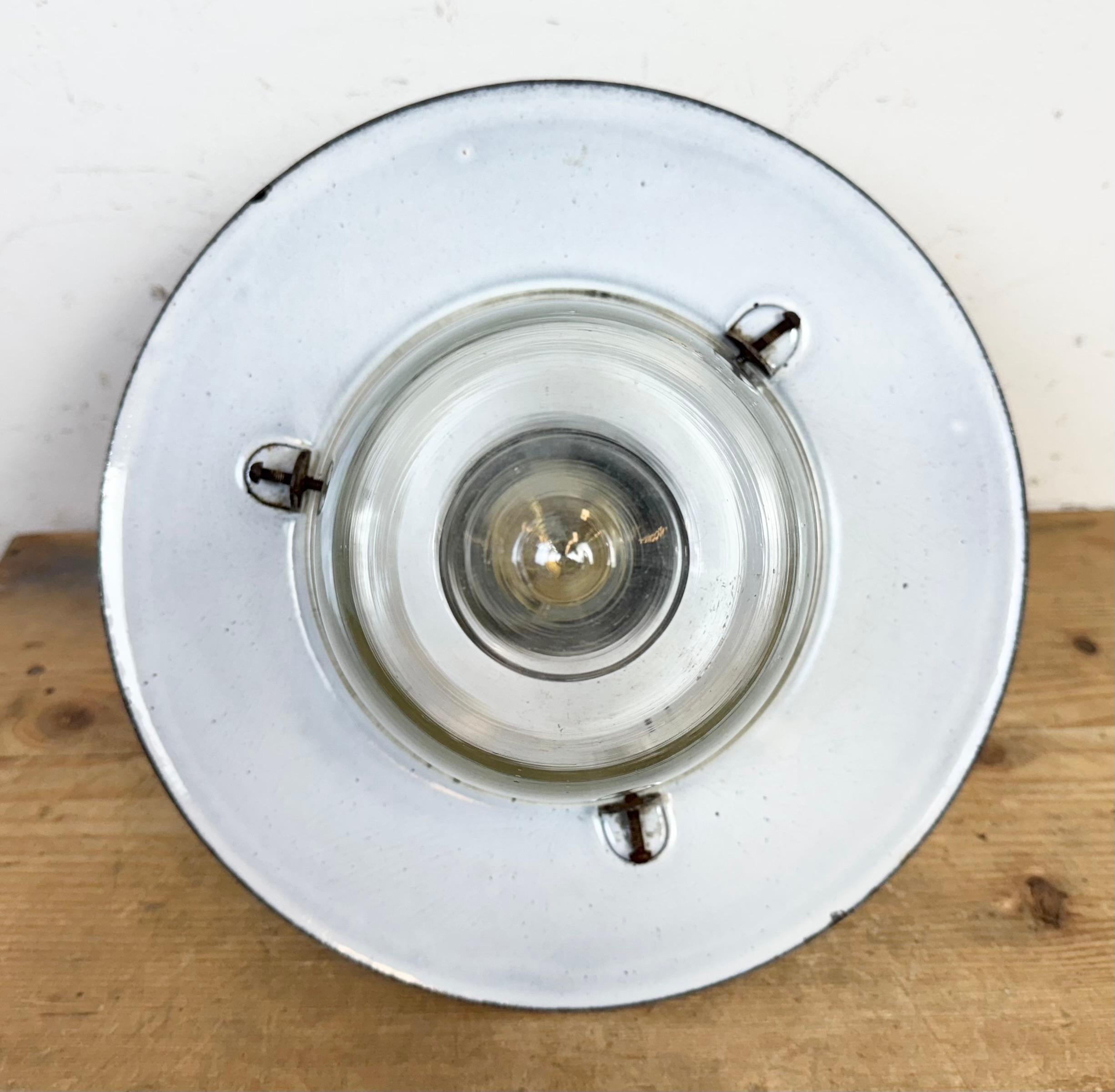 Industrial German Black Enamel Pendant Lamp with Glass Cover, 1930s For Sale 9