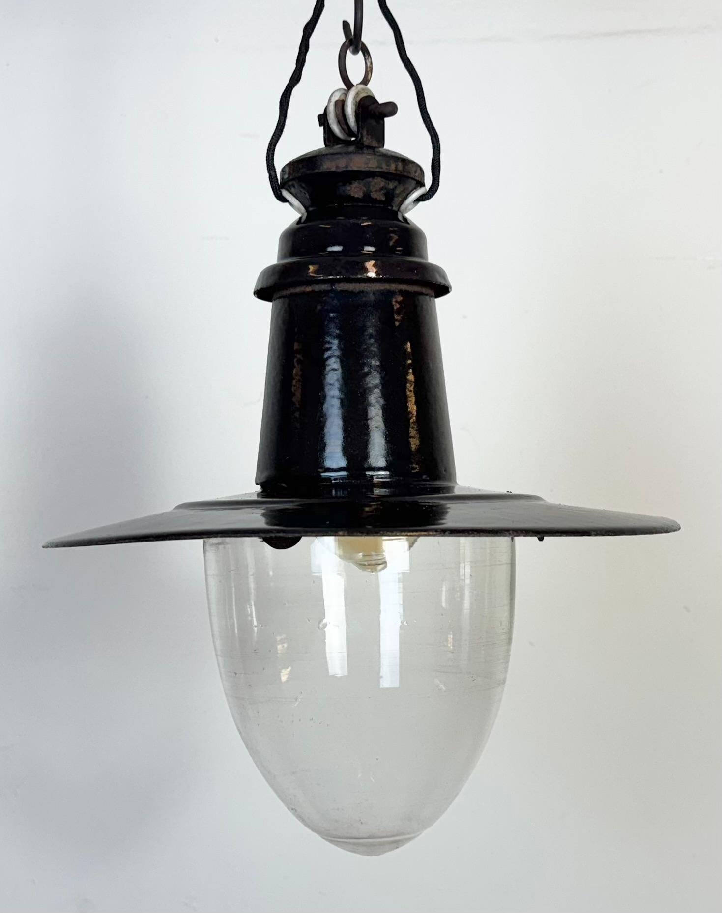 Industrial German Black Enamel Pendant Lamp with Glass Cover, 1930s In Good Condition For Sale In Kojetice, CZ